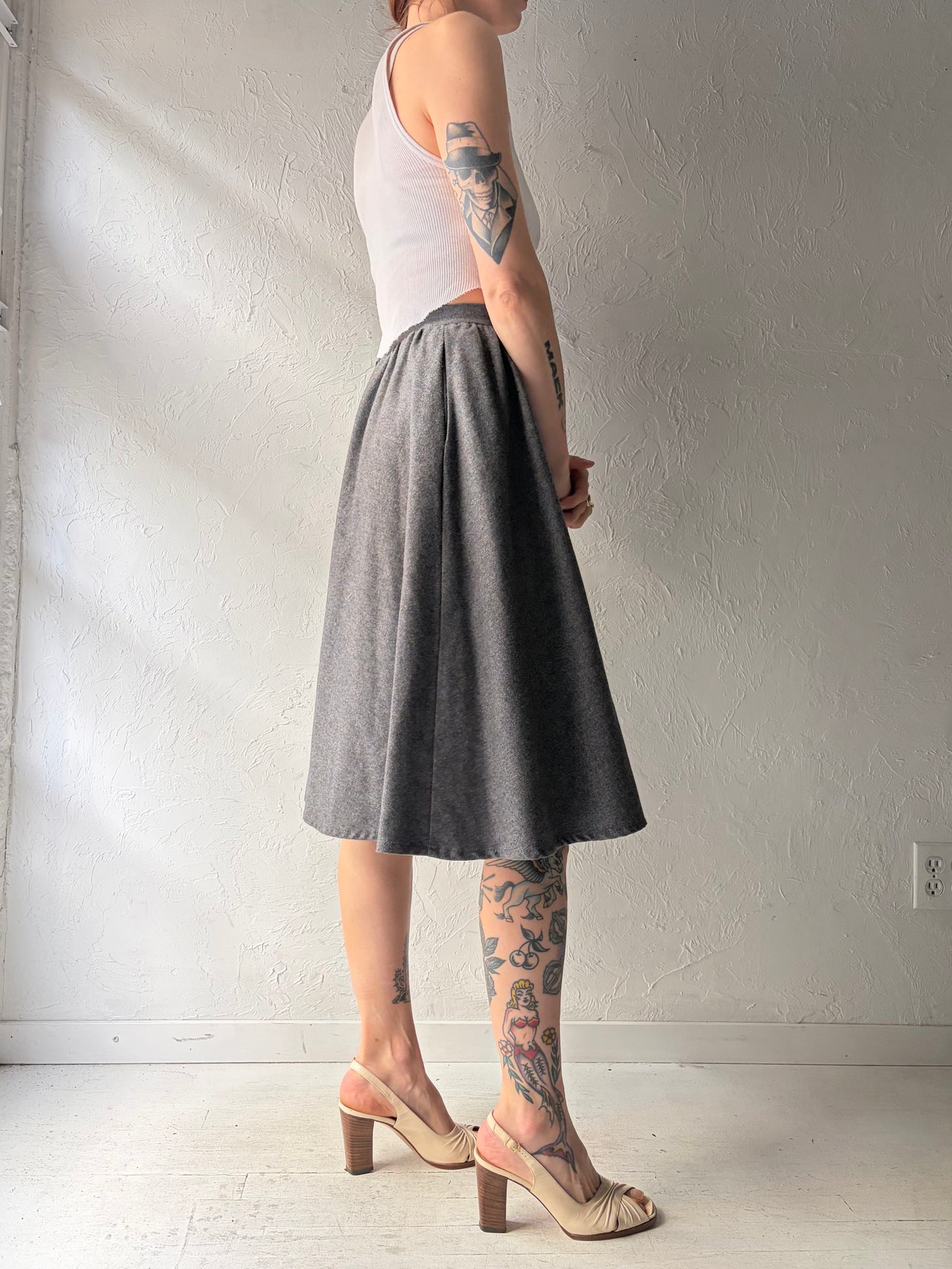 80s 'Ziba' Grey High Waisted Academia A-line Midi Skirt / Small