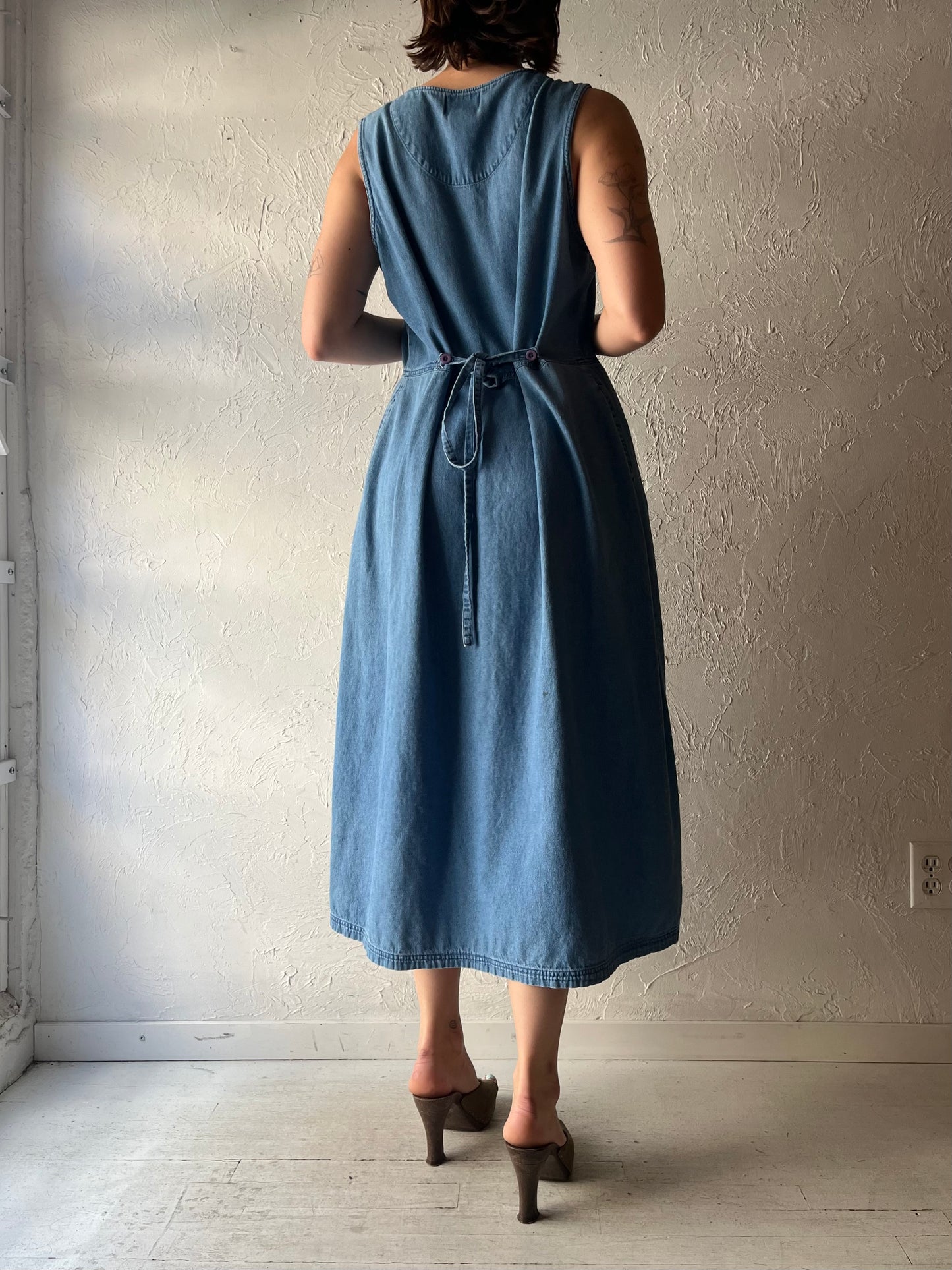 90s 'Traditions' Light Denim Embroidered Cottagecore Western Summer Midi Dress / Large