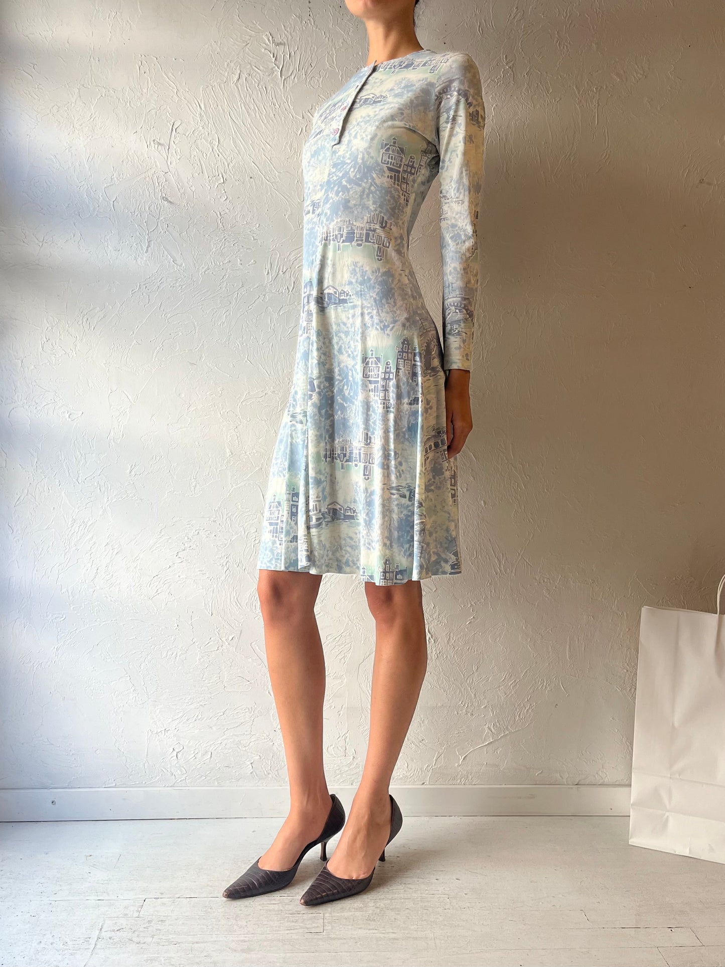 70s Blue Patterned Midi Dress / Small