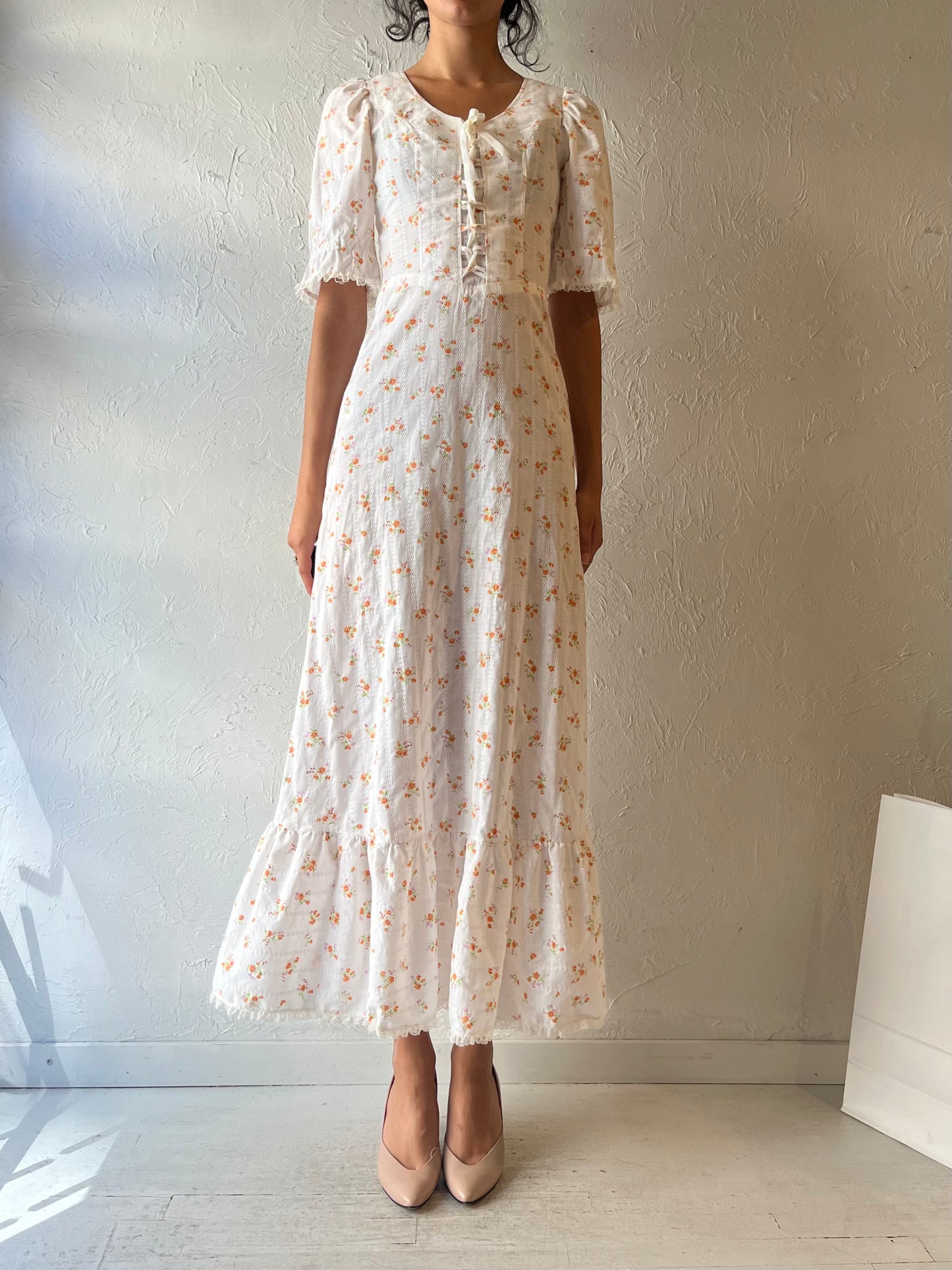 70s Handmade White Prairie Dress / Small