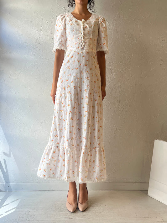 70s Handmade White Prairie Dress / Small