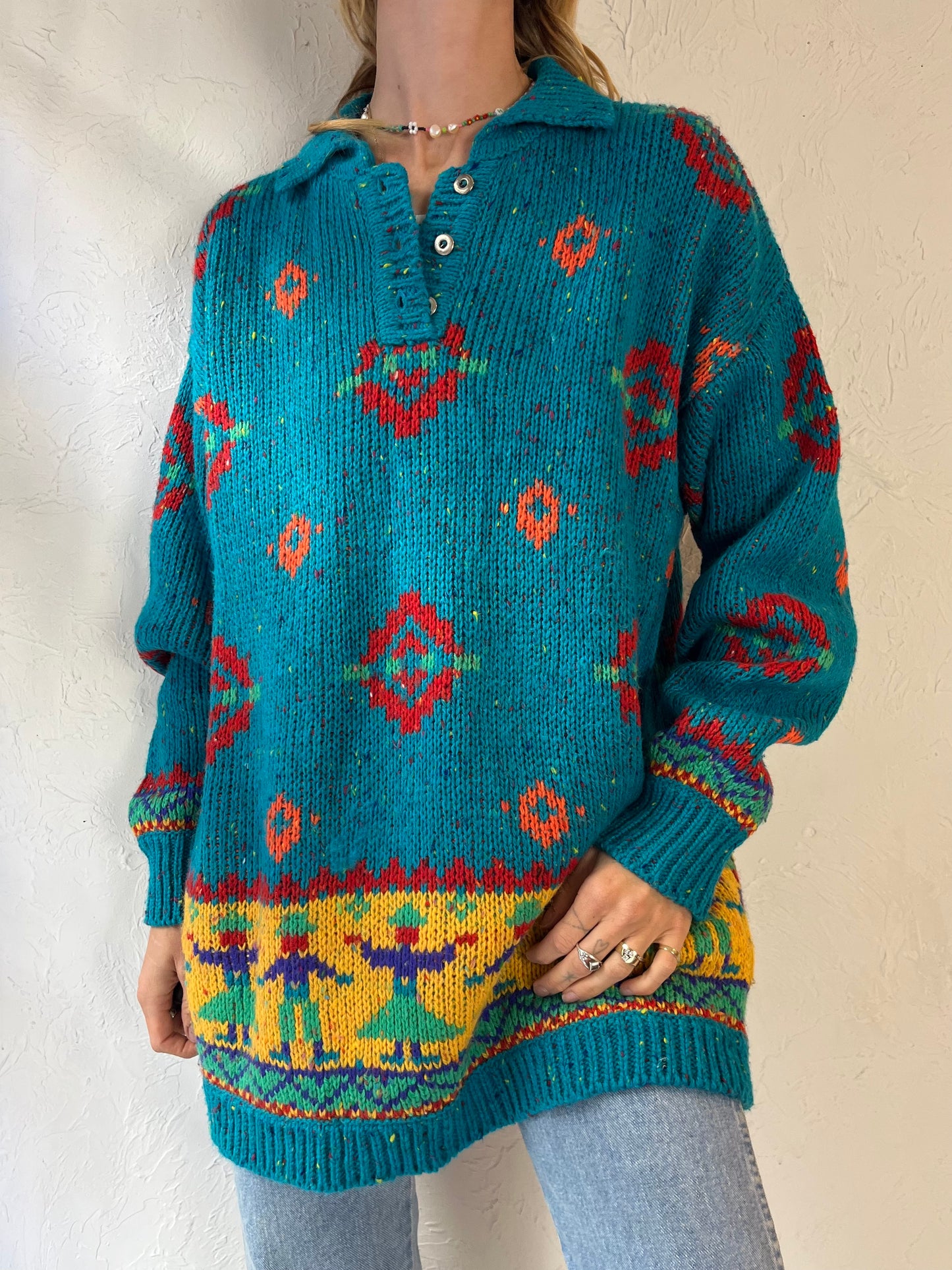 90s 'Liz Wear' Blue Patterned Acrylic Wool Sweater / Large