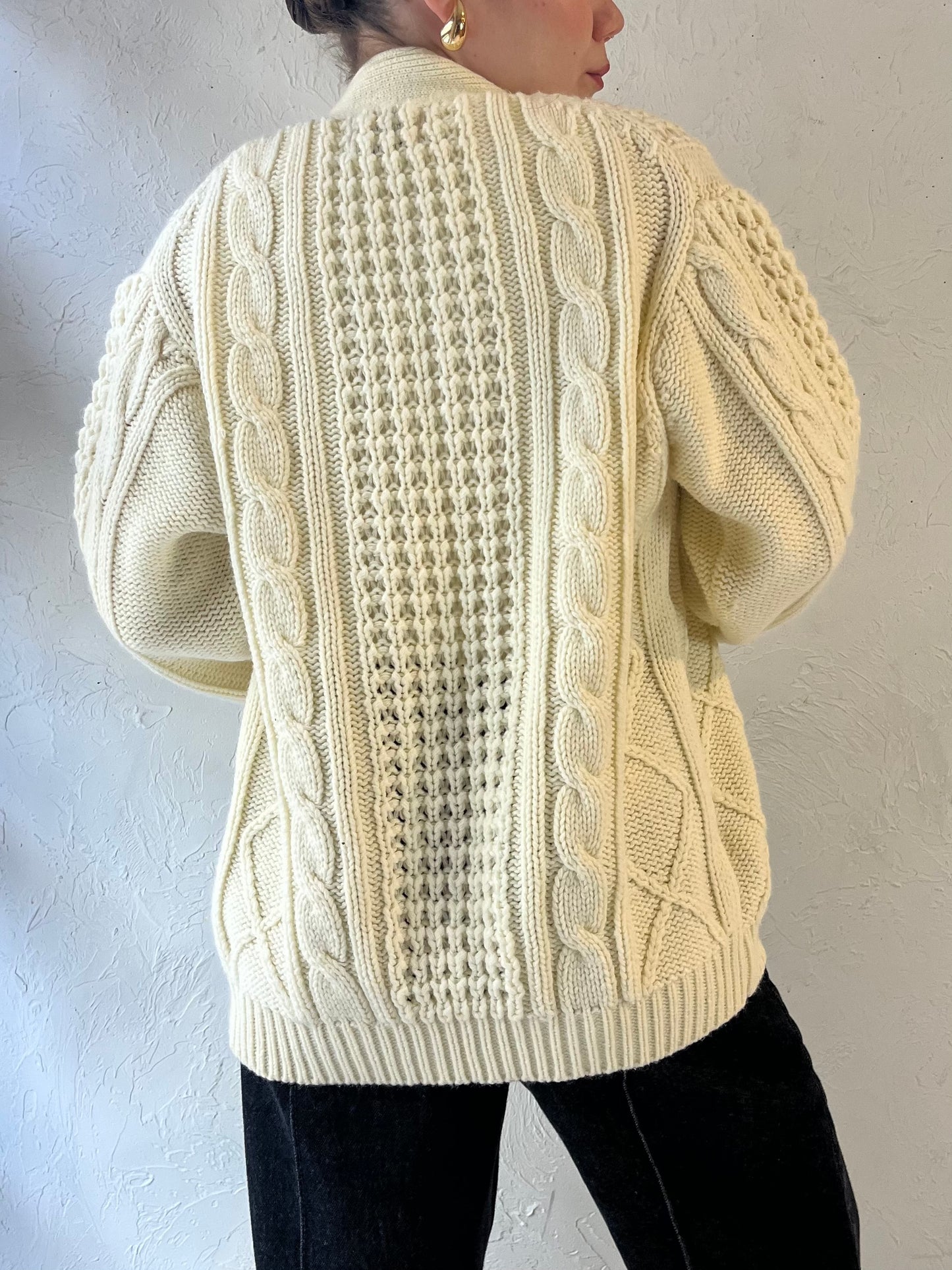 80s 'Sears' Acrylic Cream Cable Knit Cardigan / Medium