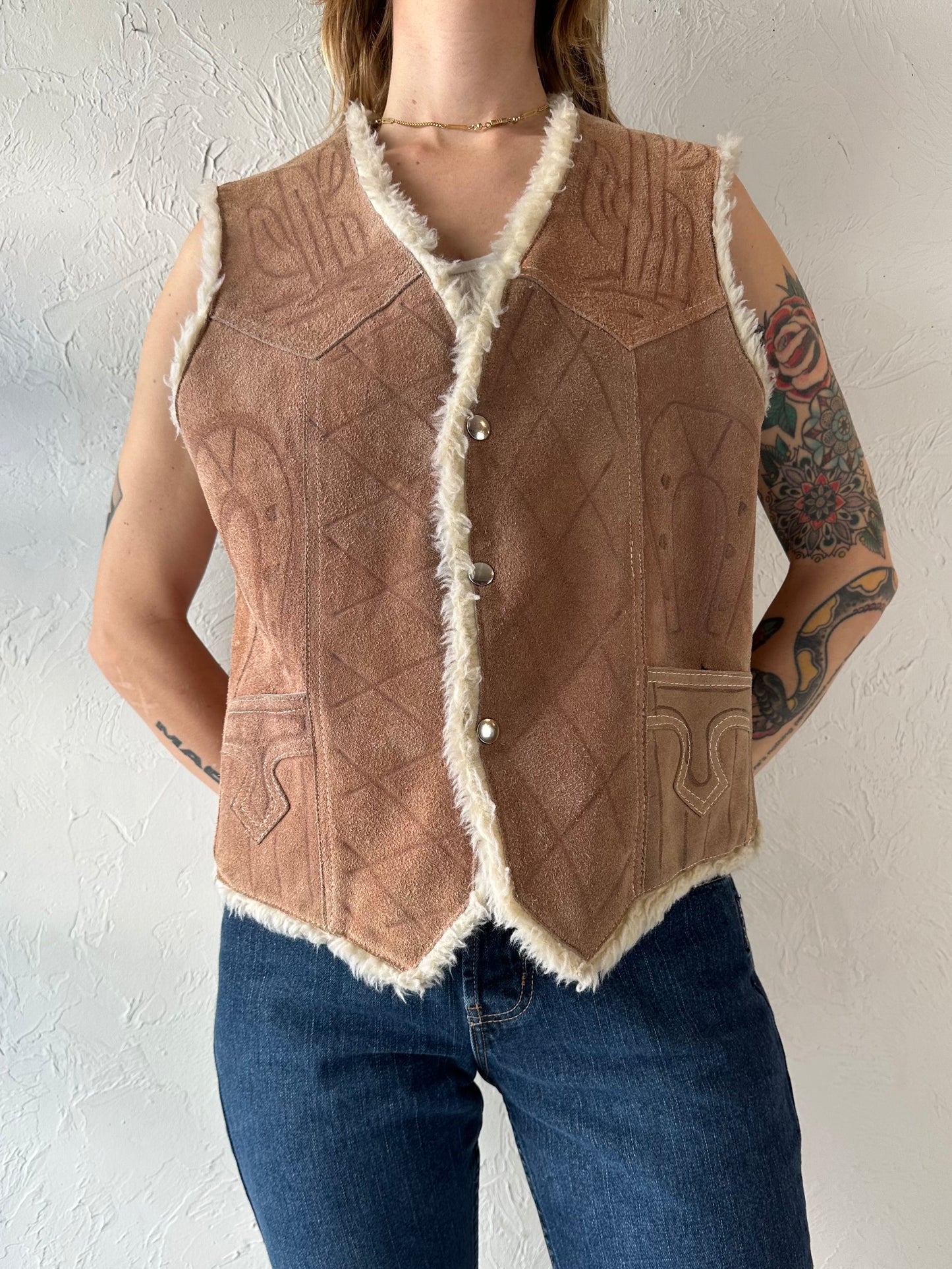 Vintage 'Genuine Leather' Embossed Suede Faux Fur Lined Vest / Large