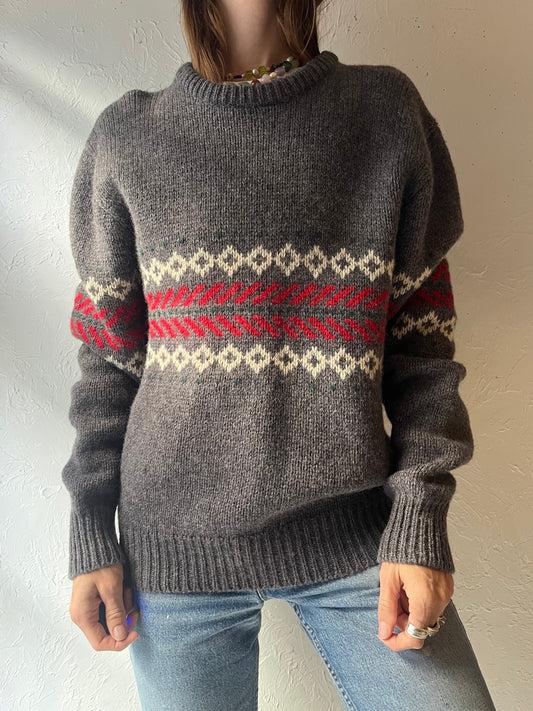 90s ‘Woodward’s Sportswear’ Grey Fair Isle Wool Nordic Ski Knit Pullover Crew Neck Sweater / Large