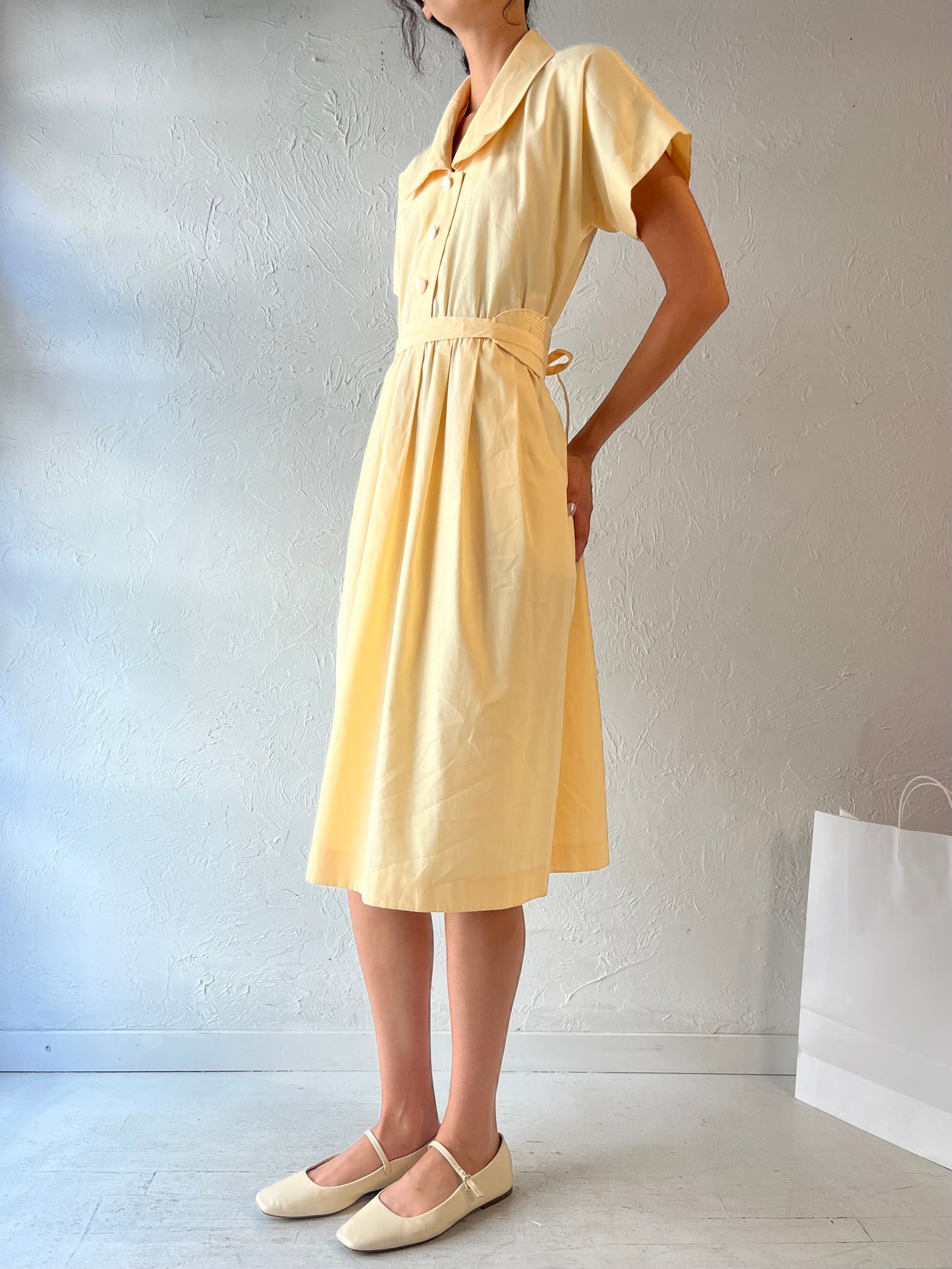 70s 'Leslie Fay' Pale Yellow Button Up Dress / Union Made / Medium