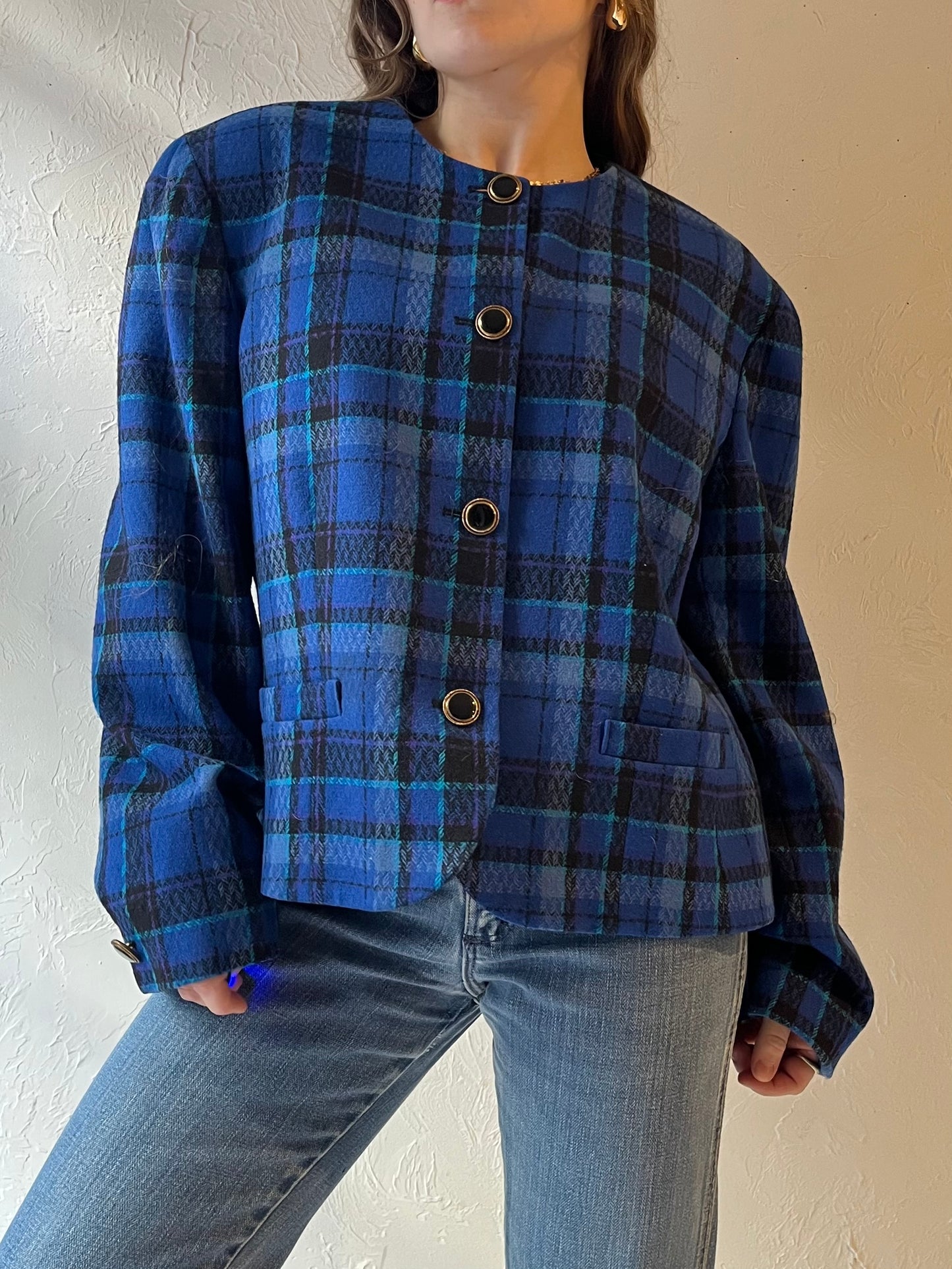 80s ‘Pendleton’ Blue Plaid Knit Wool Jacket / Large