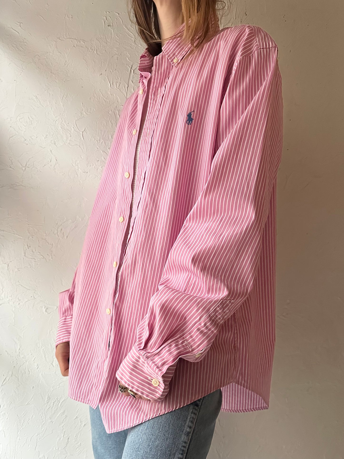 Y2k 'Ralph Lauren' Pink Striped Dress Shirt / Large