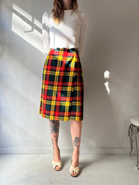 70s 'St Michael' Plaid Pleated Midi Wrap Skirt / Small