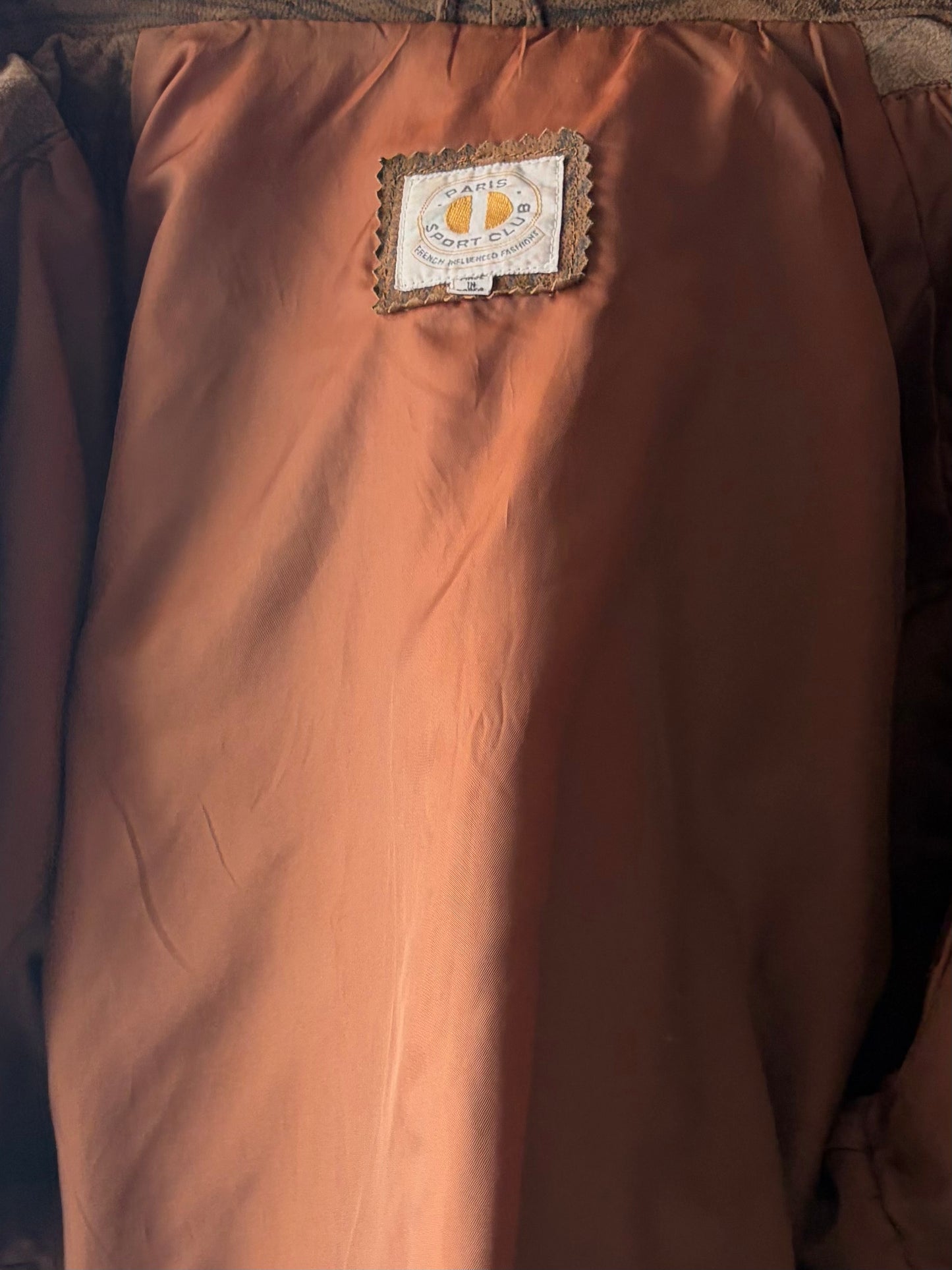 90s 'Paris Sports Club' Tan Suede Leather Retro Bomber Jacket / Medium