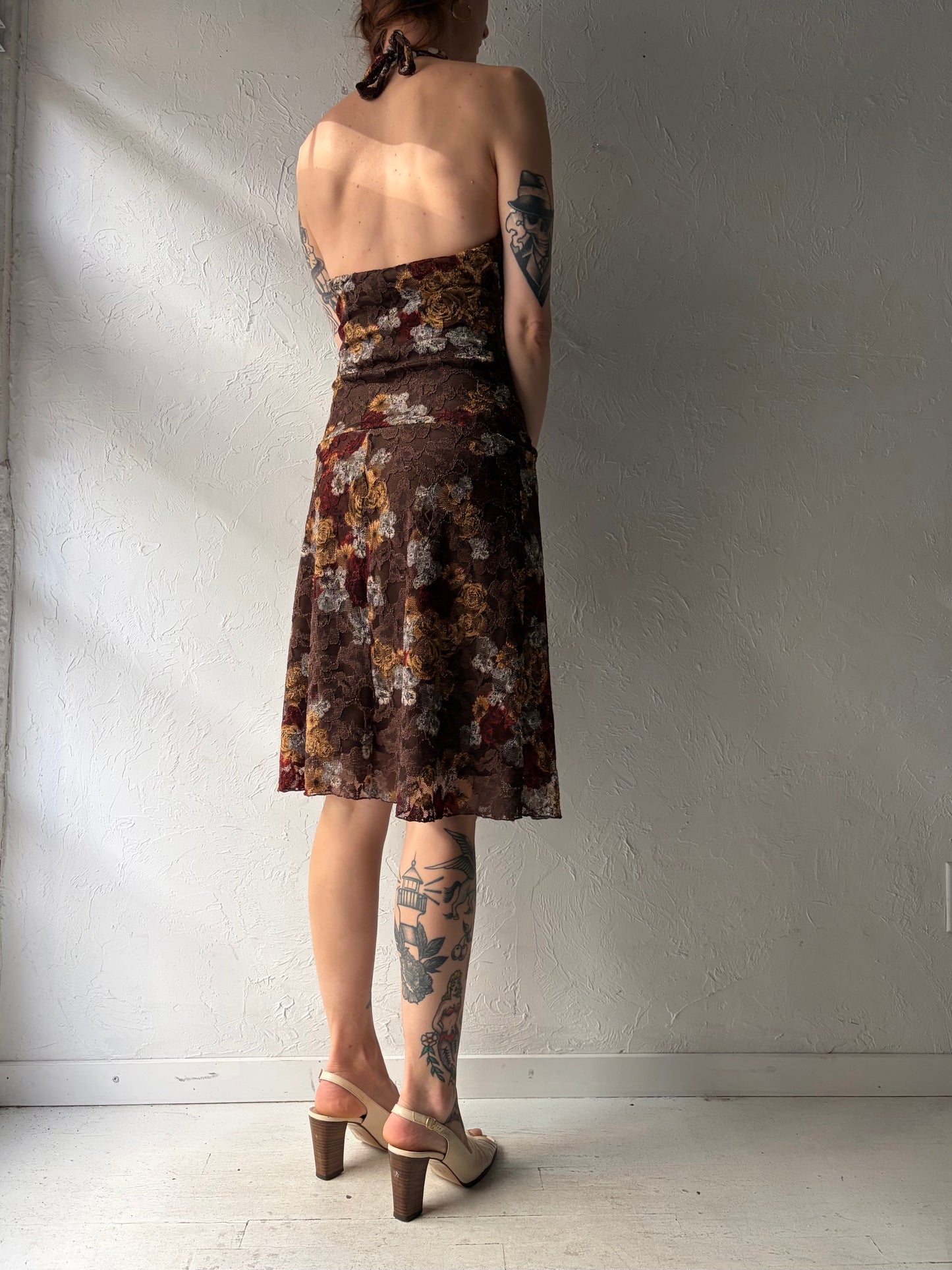 90s 'Le Chateau' Brown Lace Grunge Halter Dress / Small