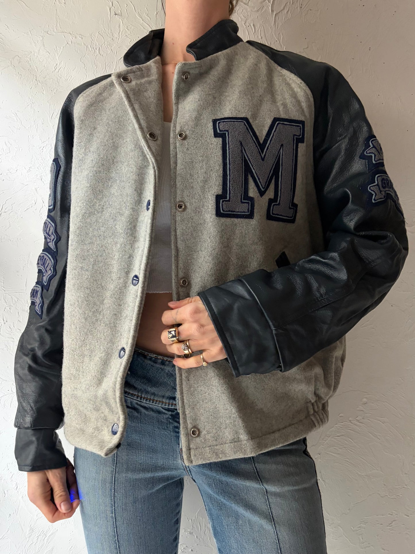 80s 'Prime Sports' Blue & Grey Retro Varsity Bomber Jacket / Medium
