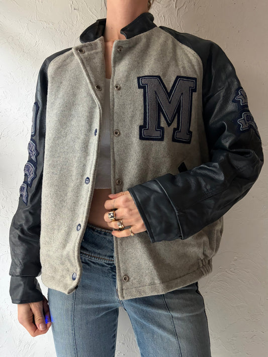 80s 'Prime Sports' Blue & Grey Retro Varsity Bomber Jacket / Medium