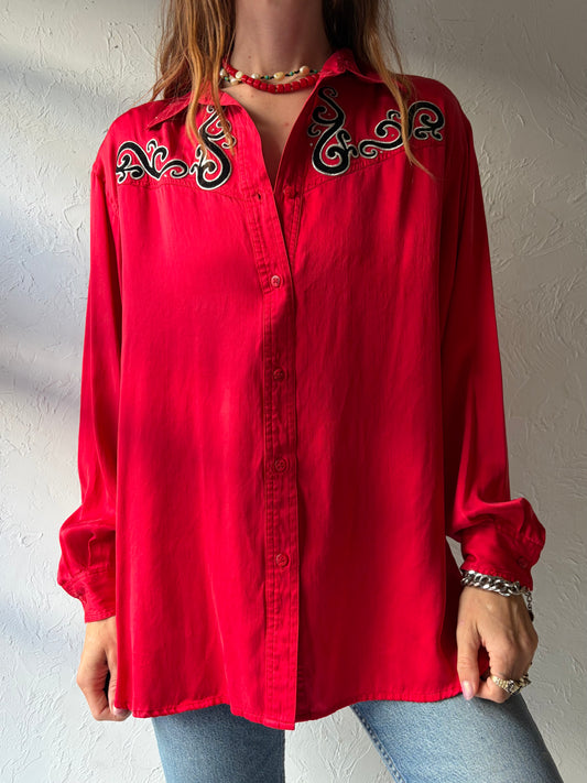 90s 'Wanted' Red Silk Western Shirt / Medium