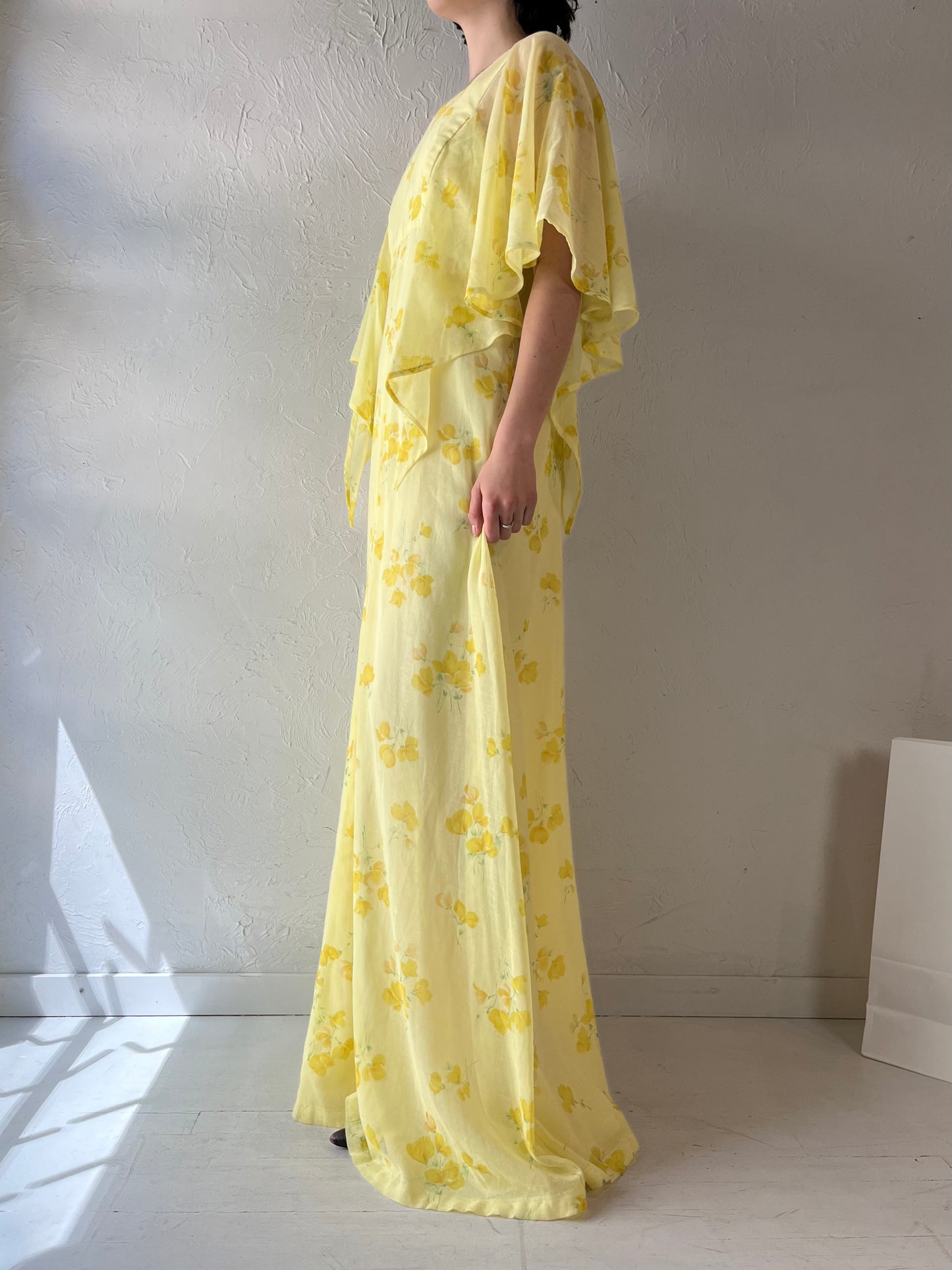 Vintage Handmade Yellow Floral Maxi Dress / Medium