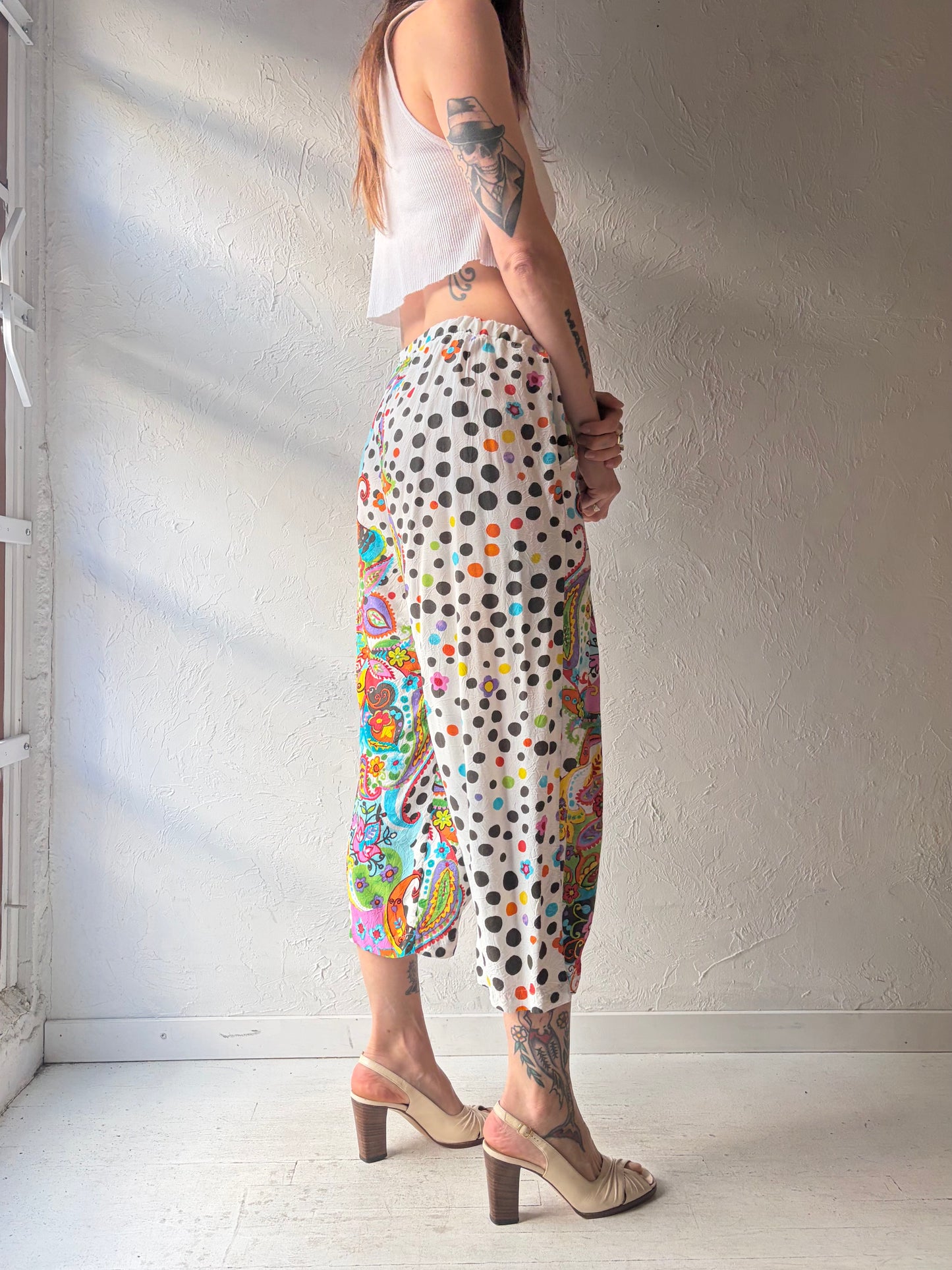 90s 'Jams World' Patterned Rayon Capri Pants / Medium