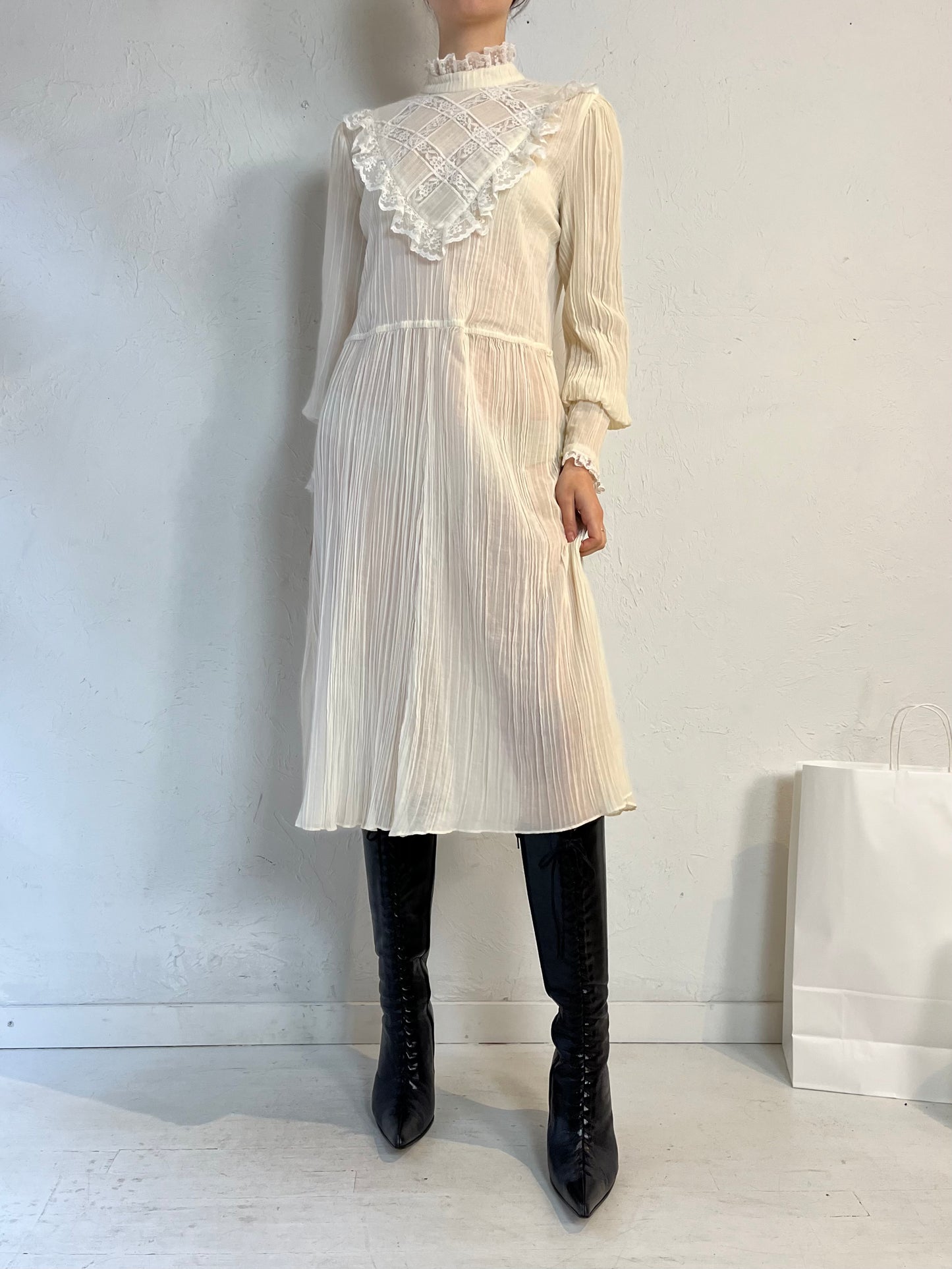 70s 'Encore' Cream Long Sleeve Dress / Small