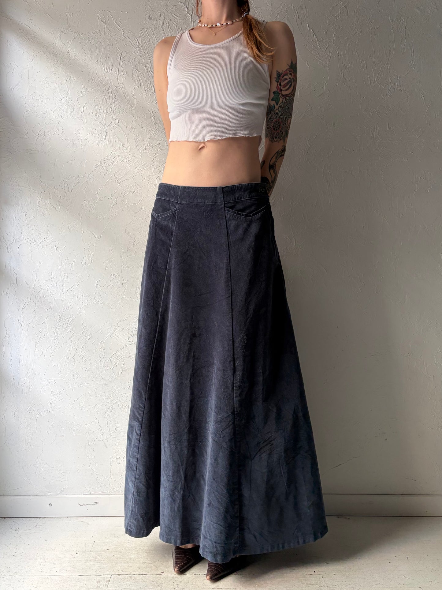 90s 'Tommy Hilfiger' Blue Velvet Grunge Maxi Skirt / Medium
