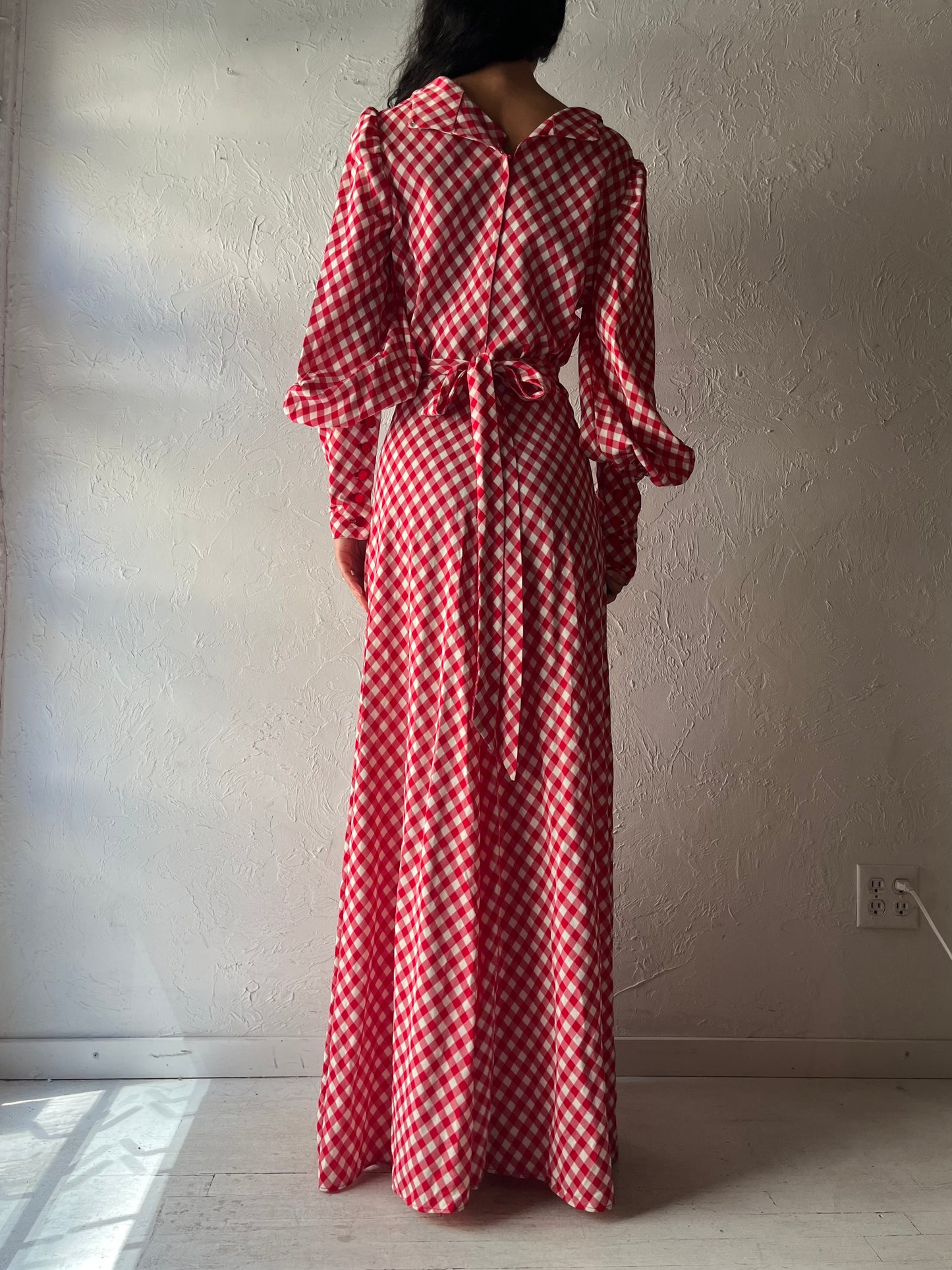 Vintage Red Gingham Long Sleeve Maxi Dress / Medium