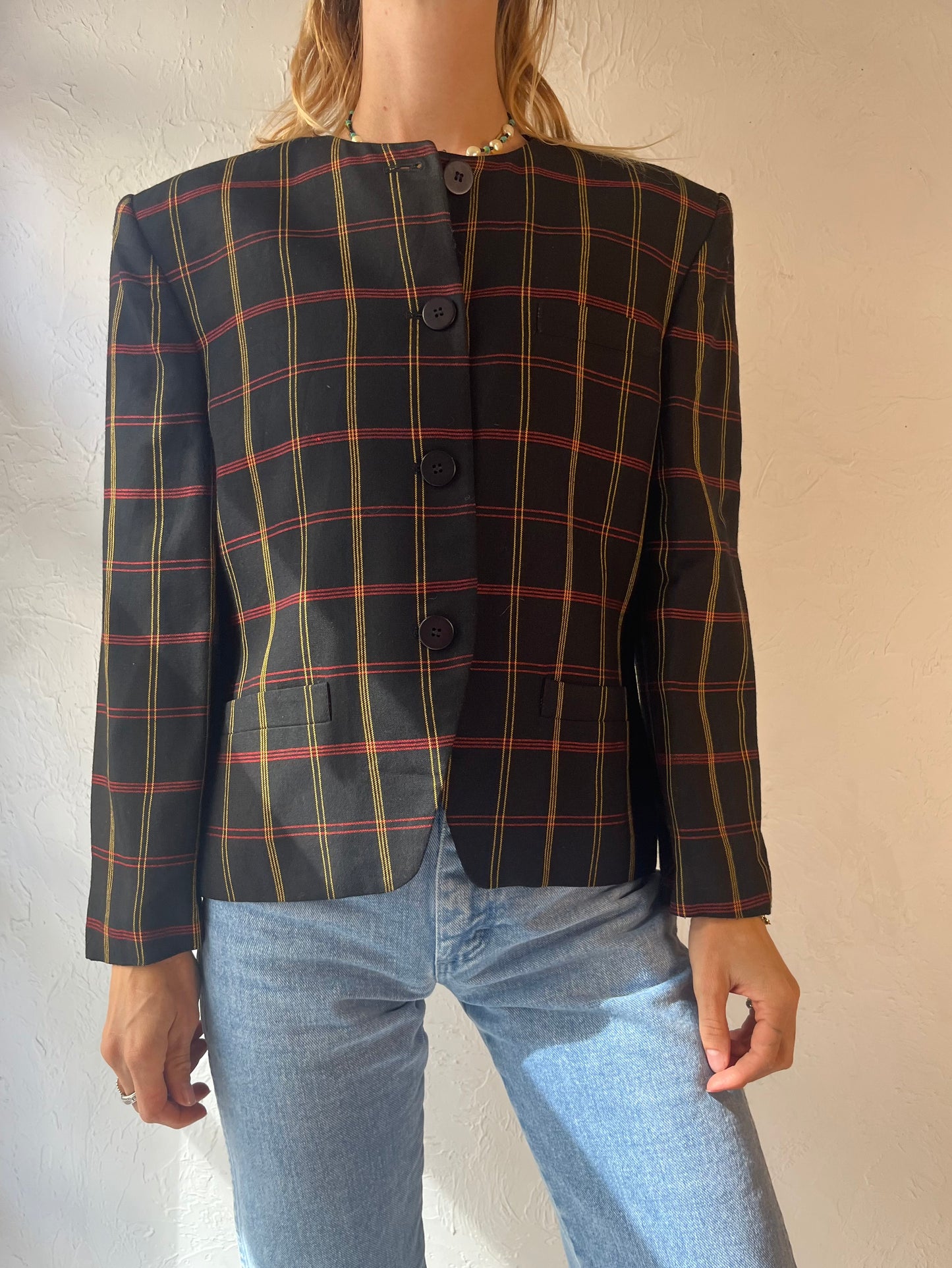 90s 'Jones New York' Black Check Jacket / Medium