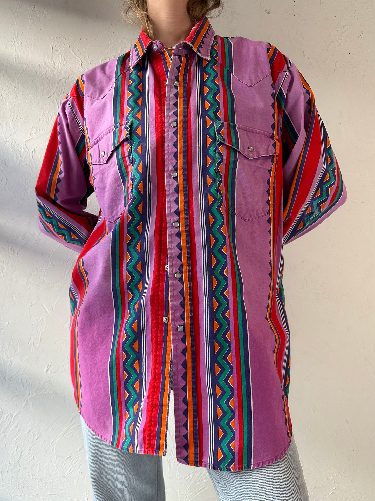 90s 'Karman' Striped Pearl Snap Western Shirt / Large