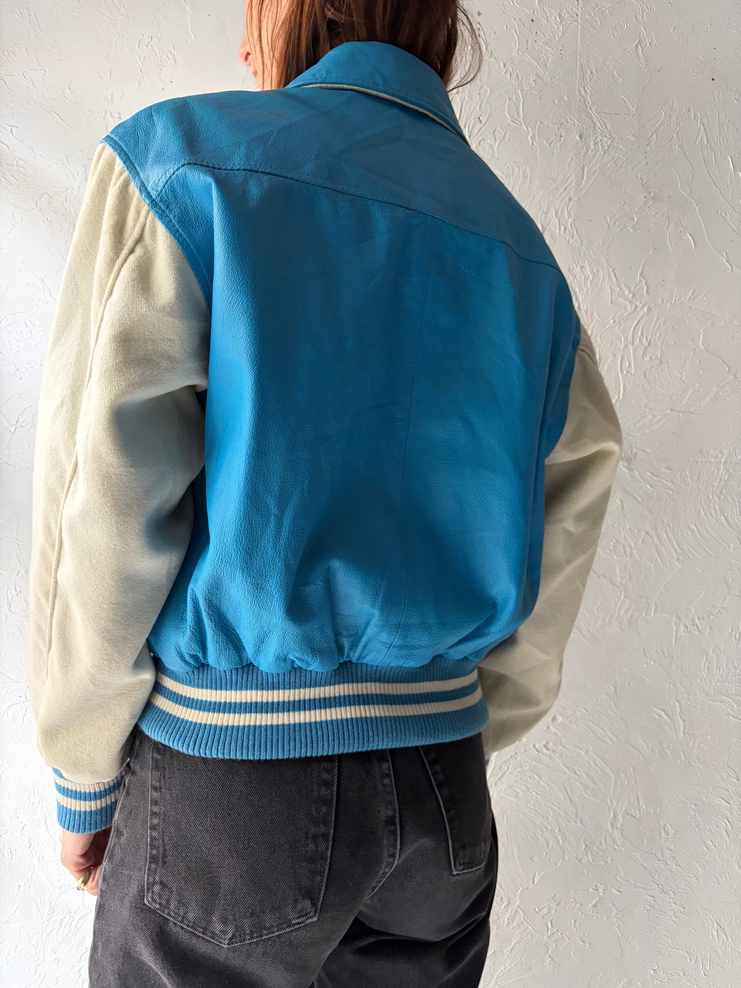 80s 'Wilsons' Blue & White Varsity Leather Bomber Jacket / Vintage 1980s Retro Letterman Style Jacket / XS