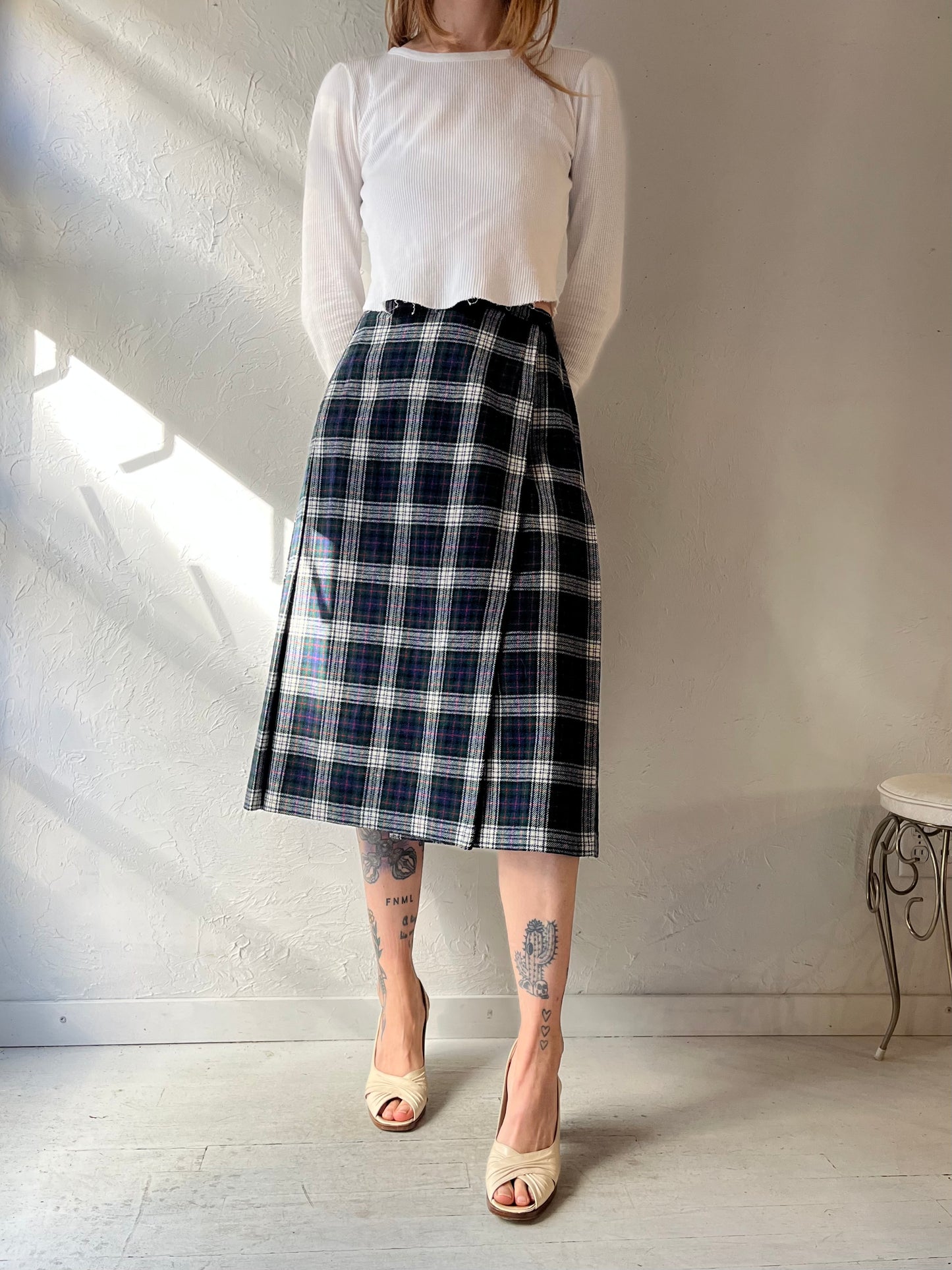 90s 'Pendleton' Plaid Wool Midi Wrap Skirt / Small