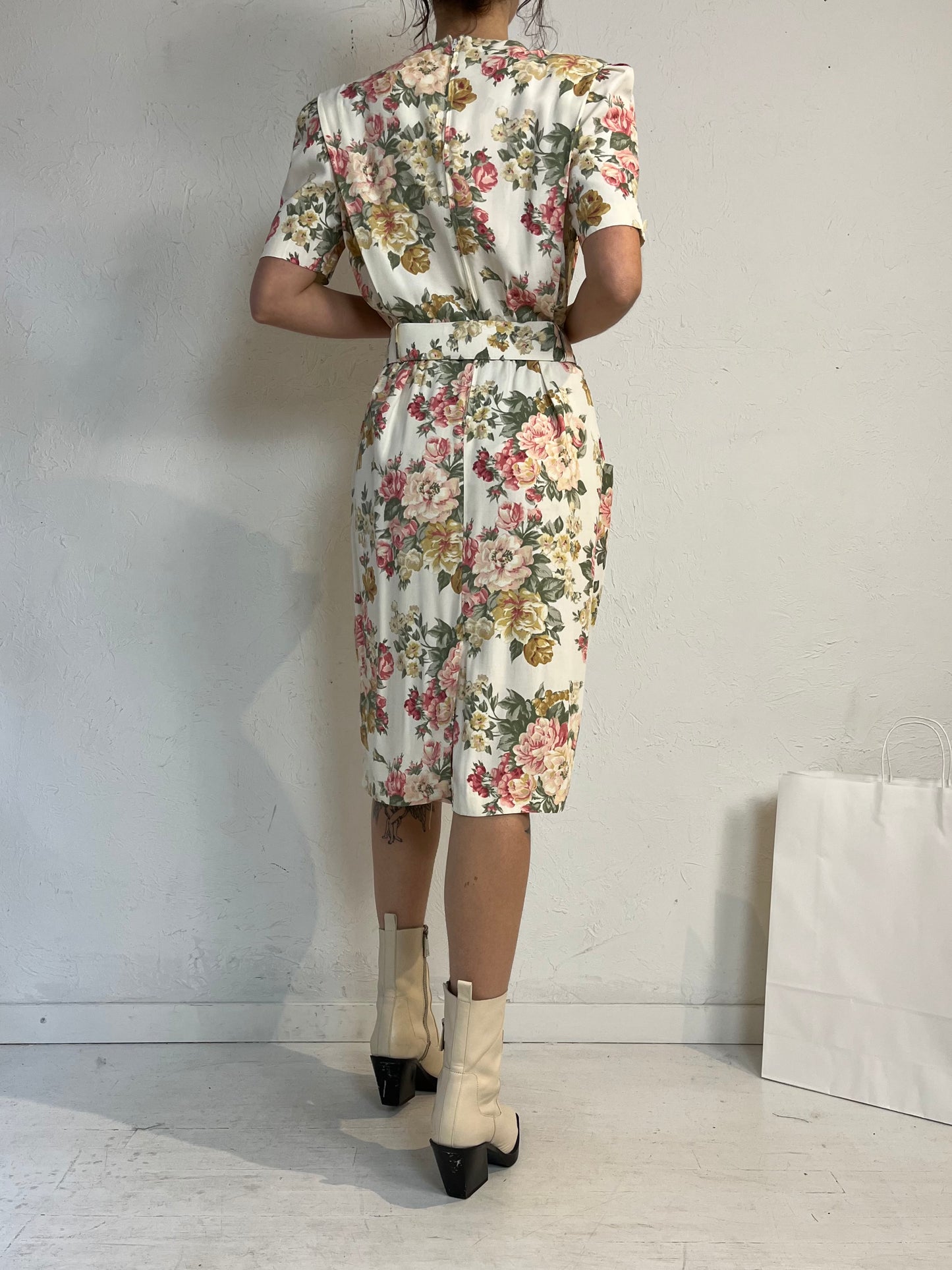 80s 'SL Fashions' Floral Print Midi Dress / Medium