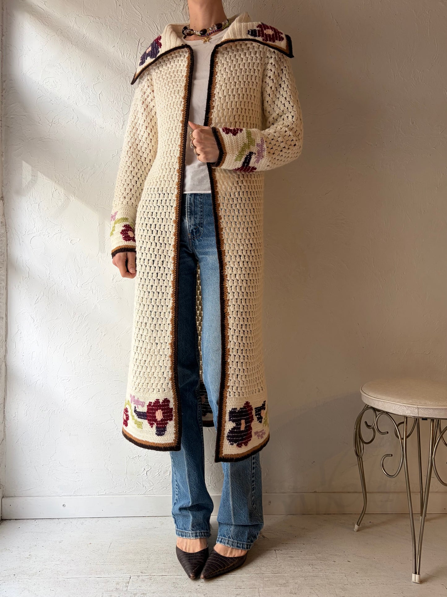 Vintage Handmade Crochet Cardigan Duster Sweater / Small