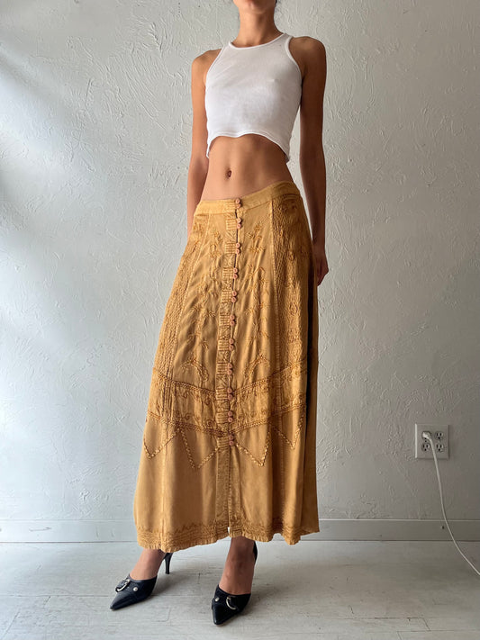 Y2k 'Tradition Collection' Tan Embroidered Fairycore Maxi Skirt / Vintage 2000s Whimsical Boho Cottagecore Prairie Summer Skirt / Medium