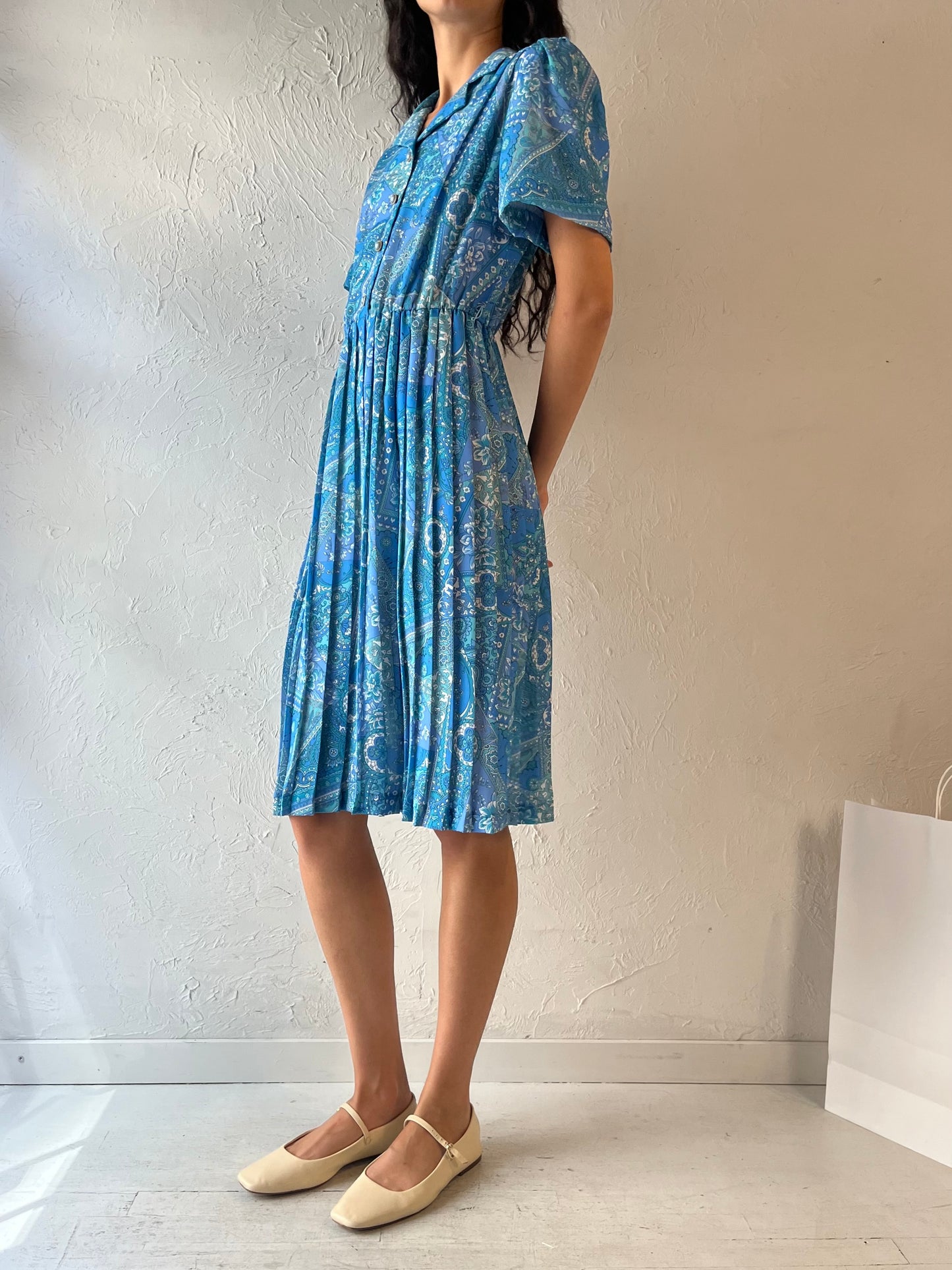 80s 'Leo Damal' Blue Paisley Midi Dress / Small