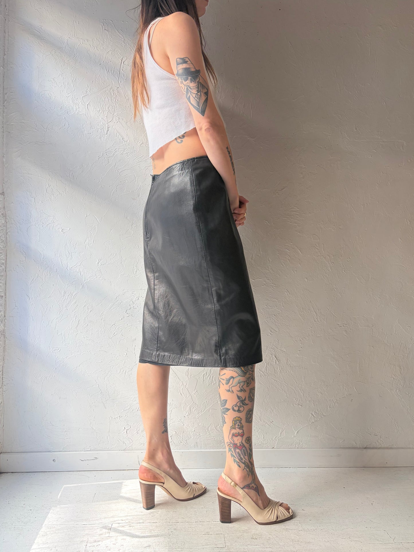 90s 'Danier' Dark Academia Black Leather Pencil High Waisted Skirt / Medium