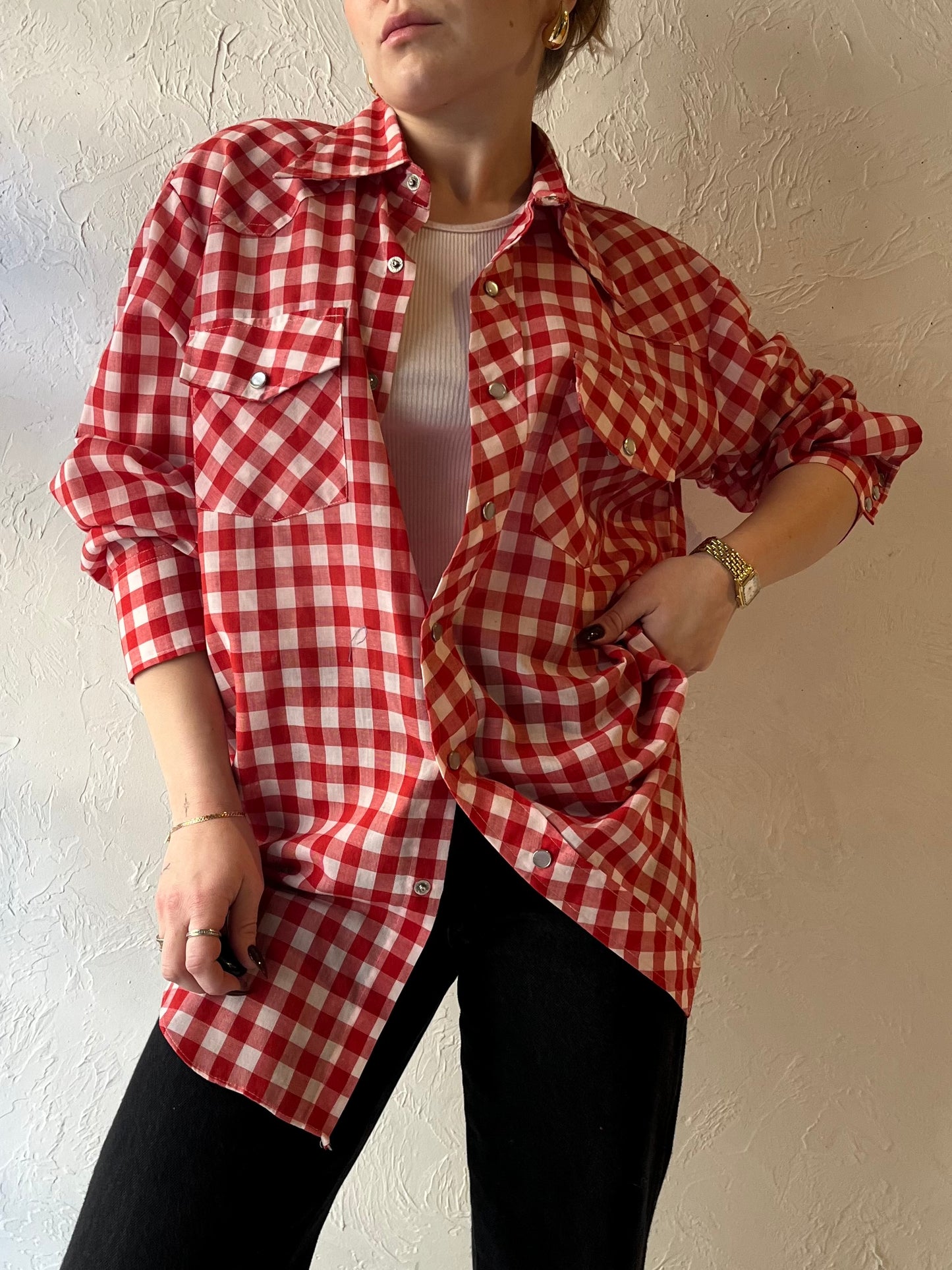 70s ‘Woodwards’ Red Gingham Pearl Snap Western Shirt / Medium