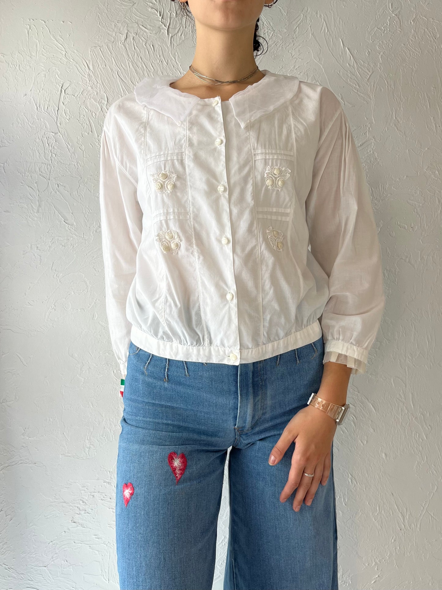 Y2K White Cotton Long Sleeve Blouse / Small