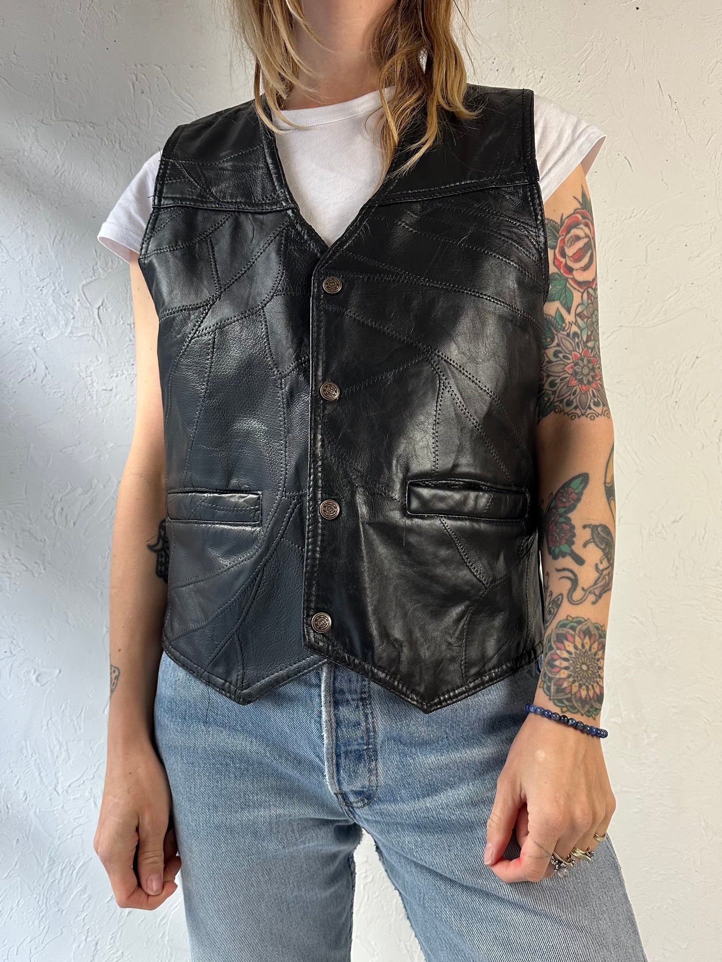 90s ‘American Unique’ Black Leather Patchwork Vest / Small