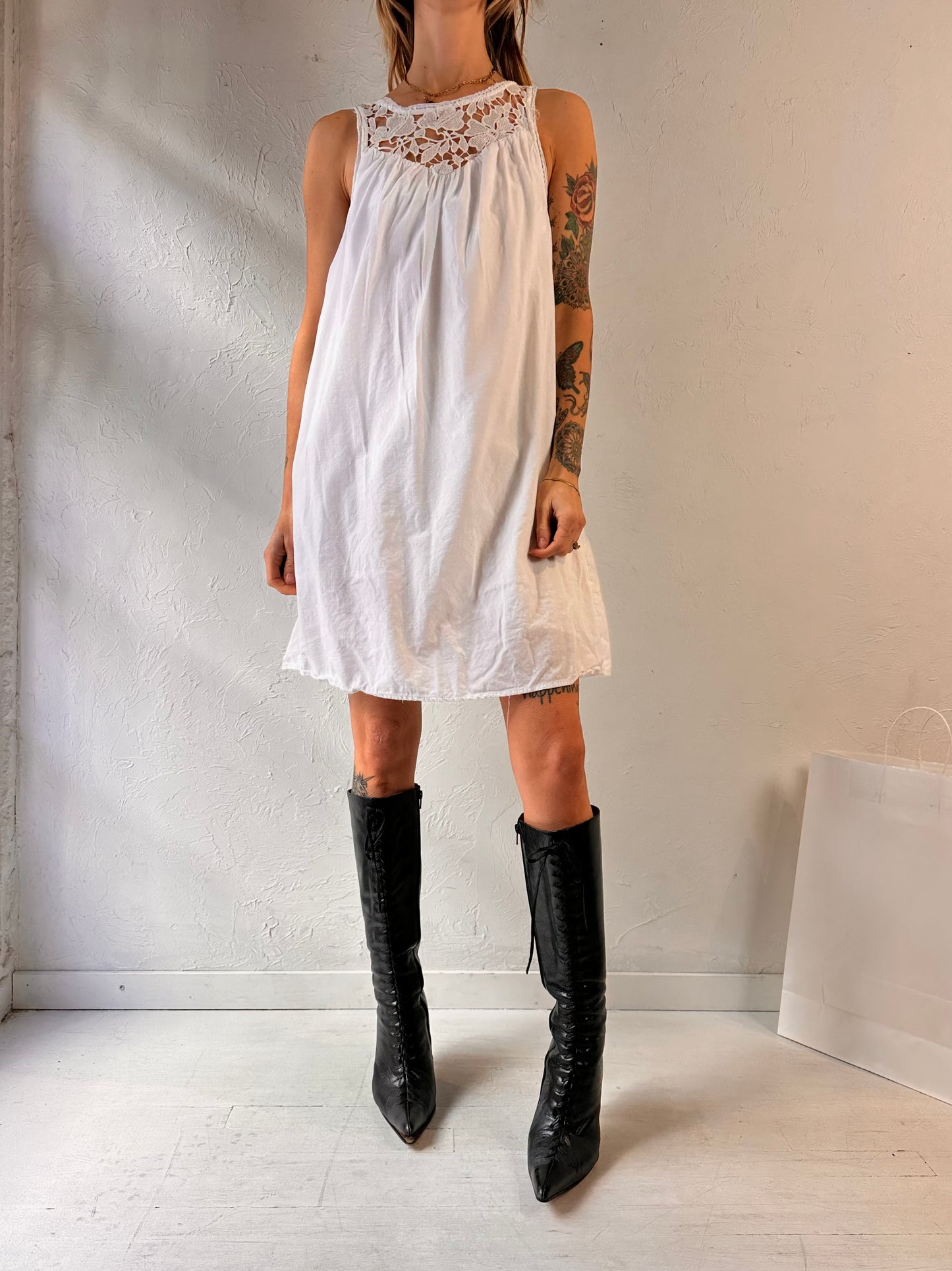 Vintage White Cotton Mini Dress / Small