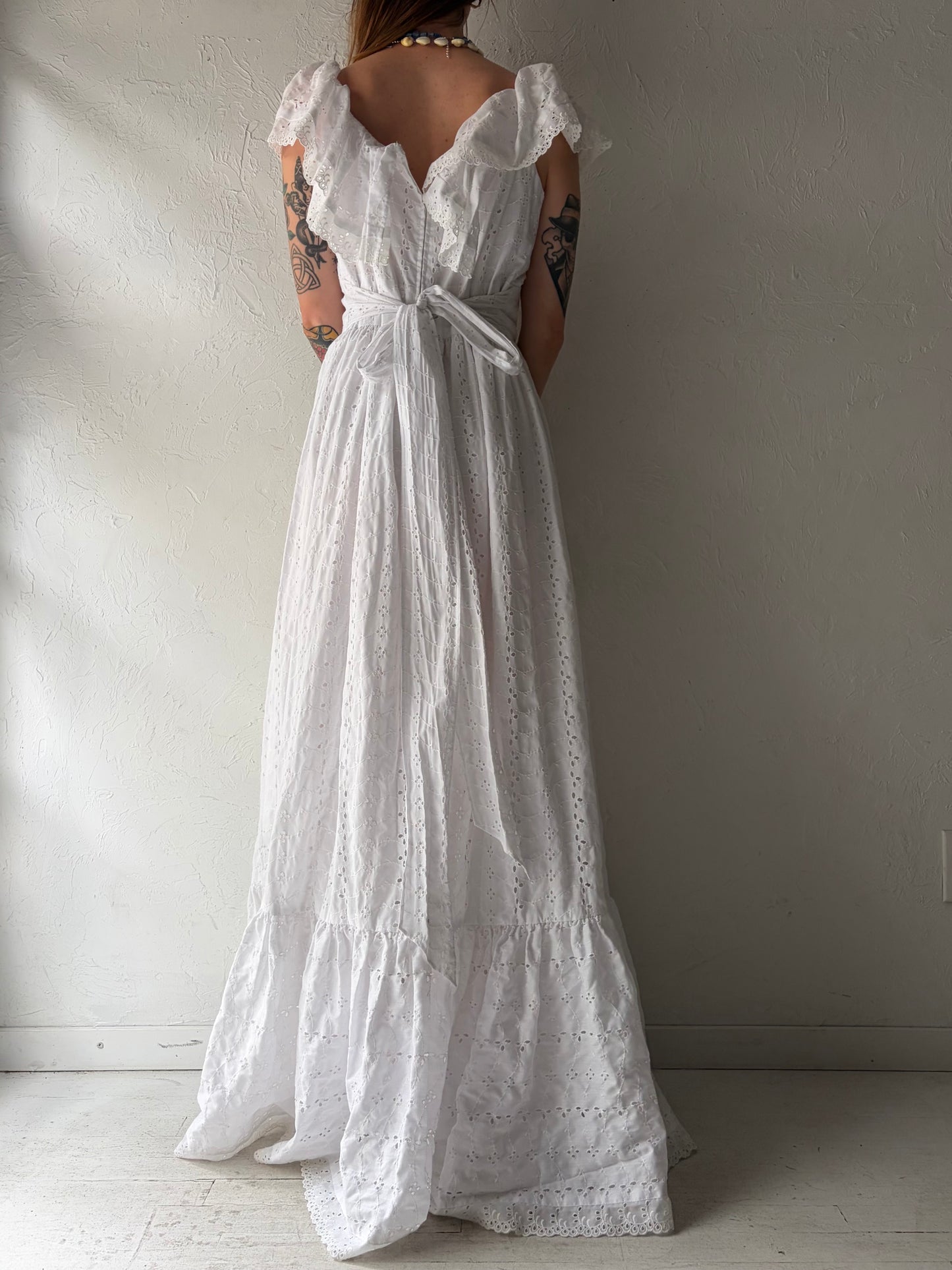 Vintage White Cotton Prairie Eyelet Dress / Medium