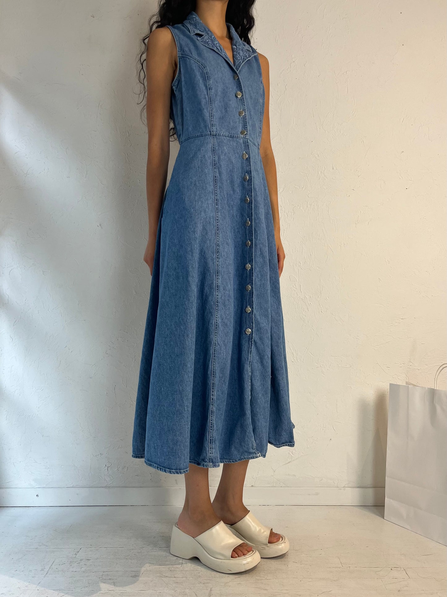 90s 'Cartise' Button Up Denim Maxi Dress / Medium