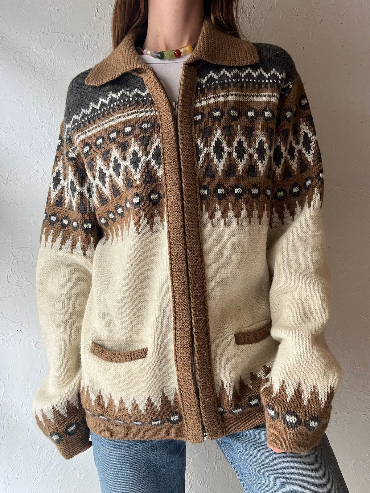 80s 'Vintage ‘White Ram’ Nordic Zip-Up Cardigan Ski Lodge Geometric Knit Sweater / Large