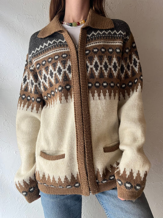 80s 'Vintage ‘White Ram’ Nordic Zip-Up Cardigan Ski Lodge Geometric Knit Sweater / Large