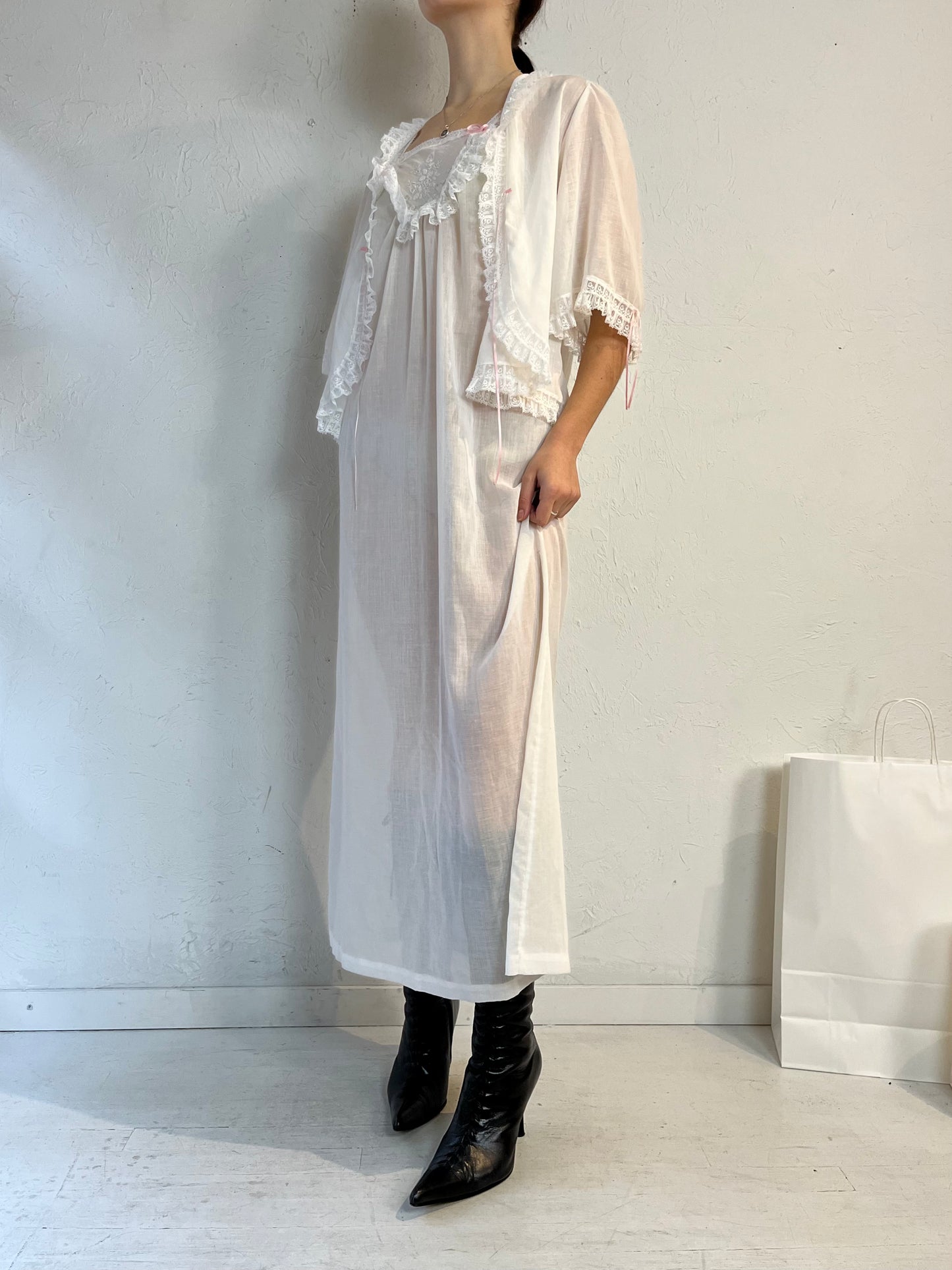 60s 'Bert Yelin' Union Made White Cotton Poly Night Gown  Set / Small