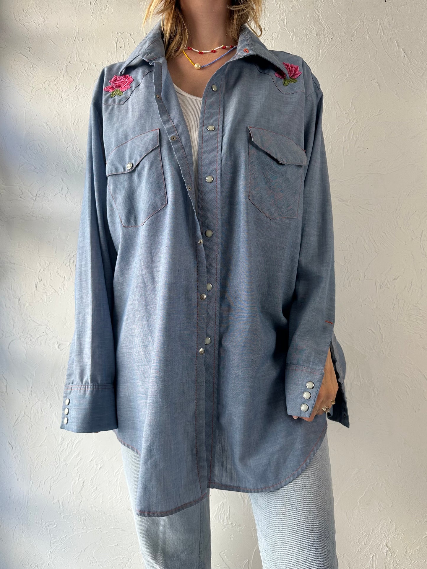 70s 'Big Mac' Blue Embroidered Pearl Snap Shirt / XL