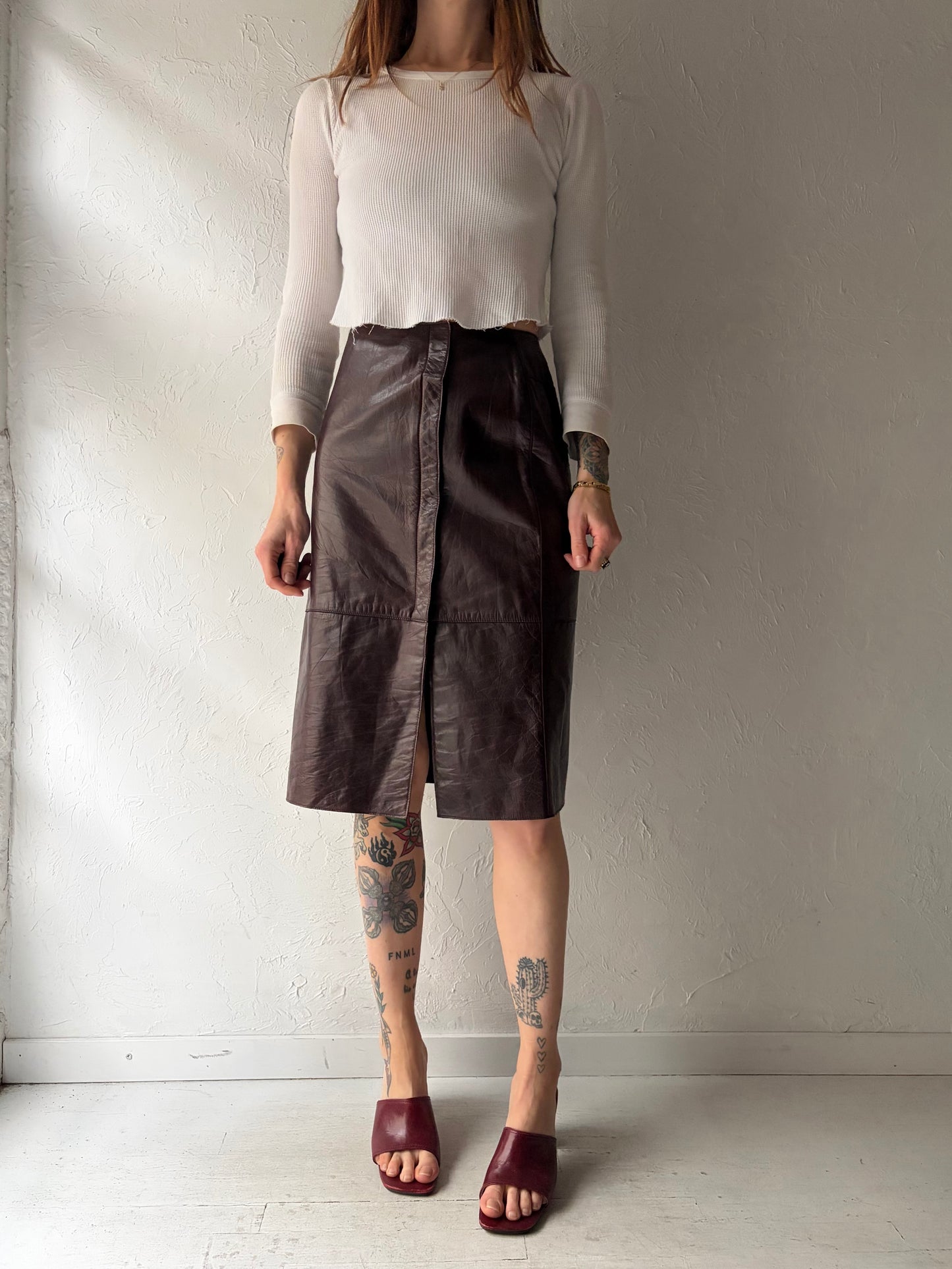 90s 'Anne Klein' Burgundy Leather High Waisted Midi Skirt / Small