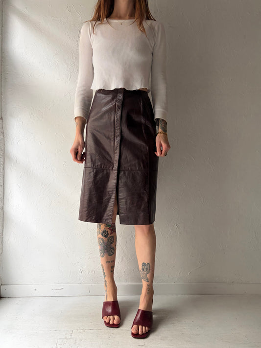 90s 'Anne Klein' Burgundy Leather High Waisted Midi Skirt / Small