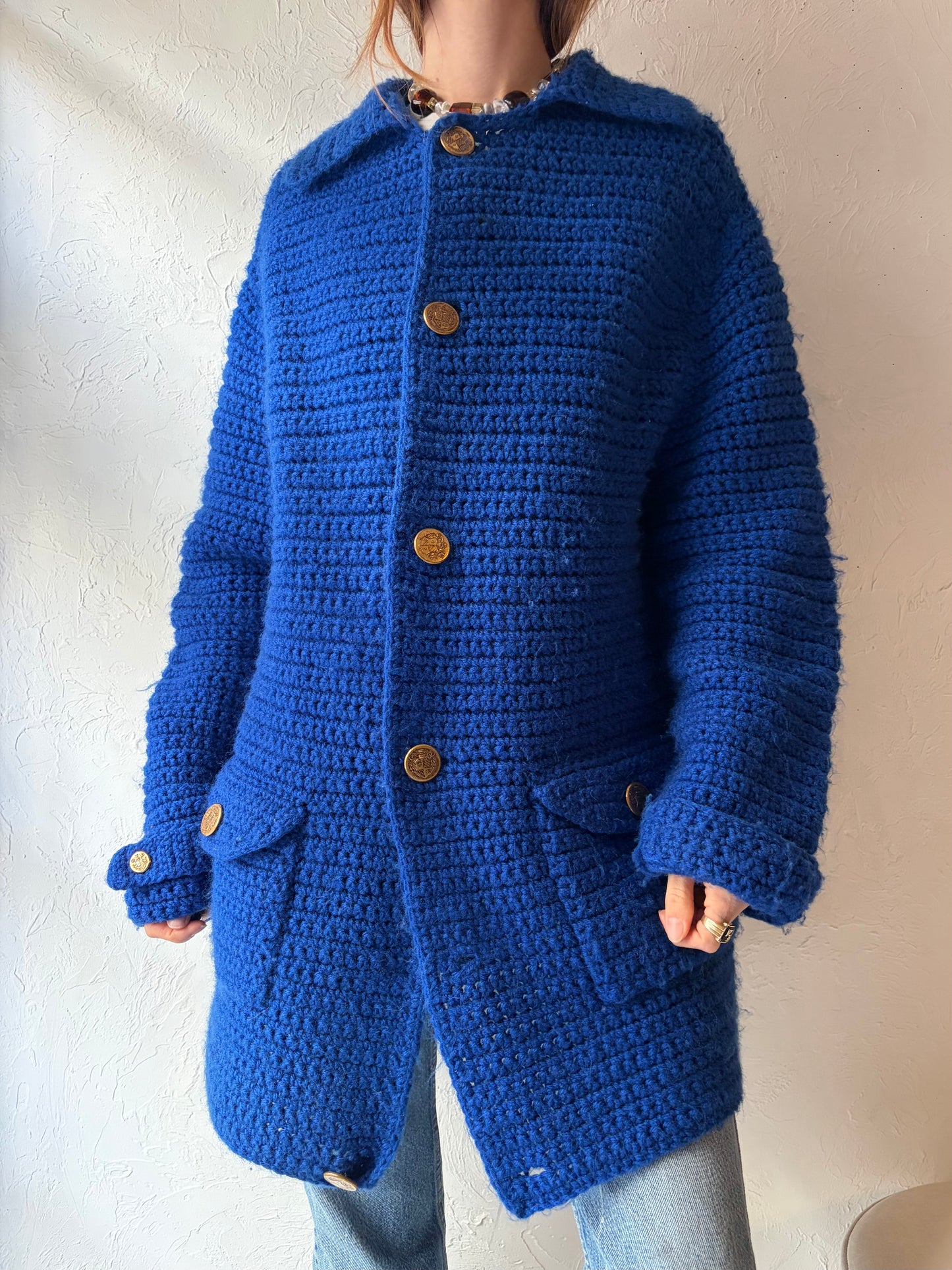 Vintage Royal Blue Crochet Cardigan Sweater / Large