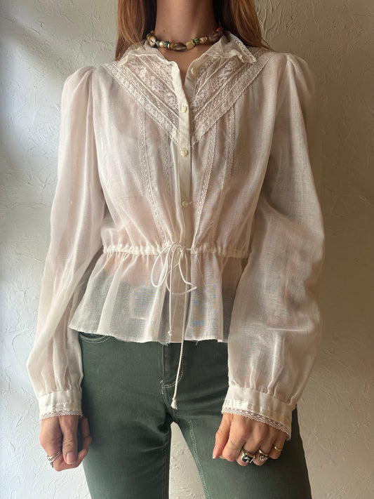 70s 'Gunnie Sax' White Sheer Blouse / Small