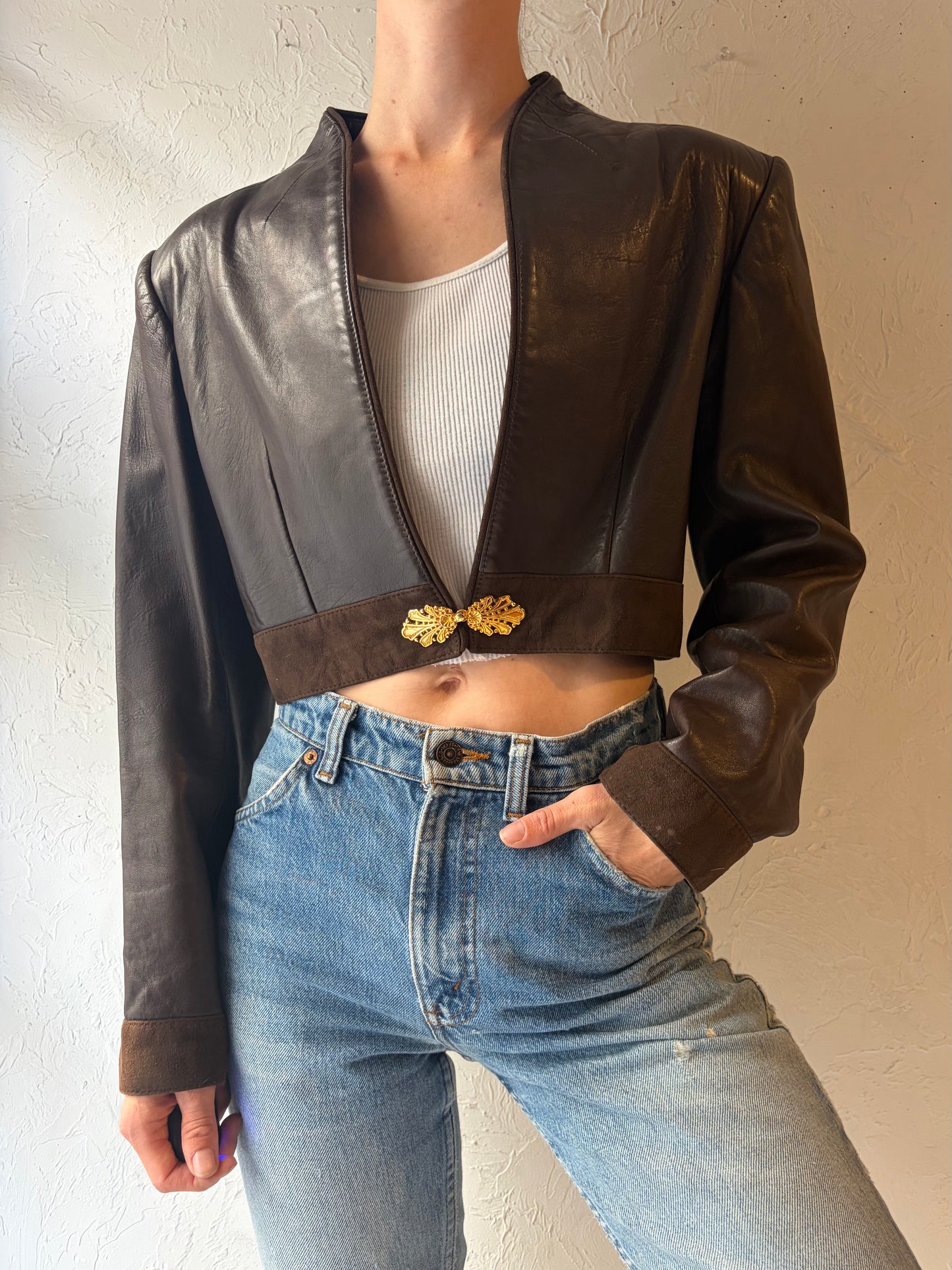 80s 'Bagatelle' Brown Cropped Leather Jacket / Medium