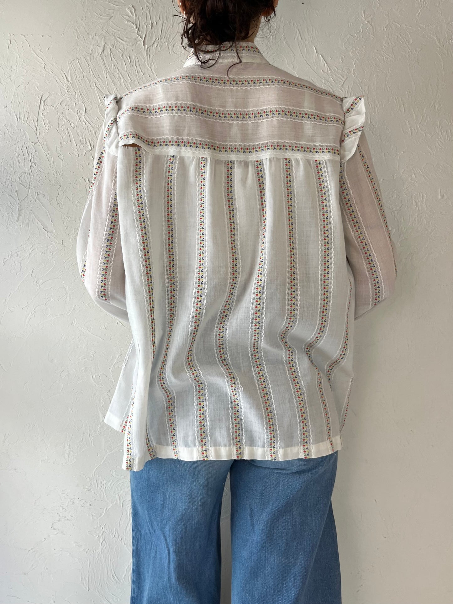 70s Paper Thin Western Ruffle Blouse / Small