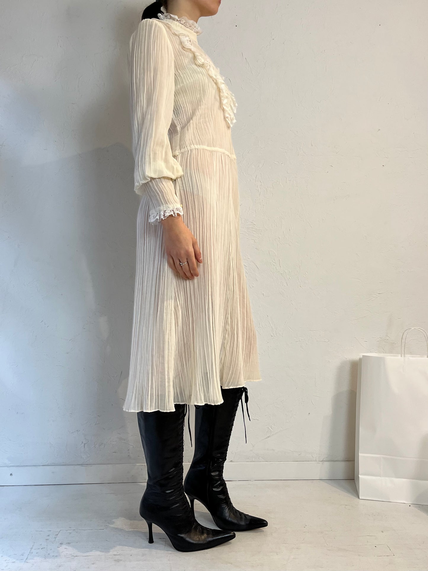 70s 'Encore' Cream Long Sleeve Dress / Small