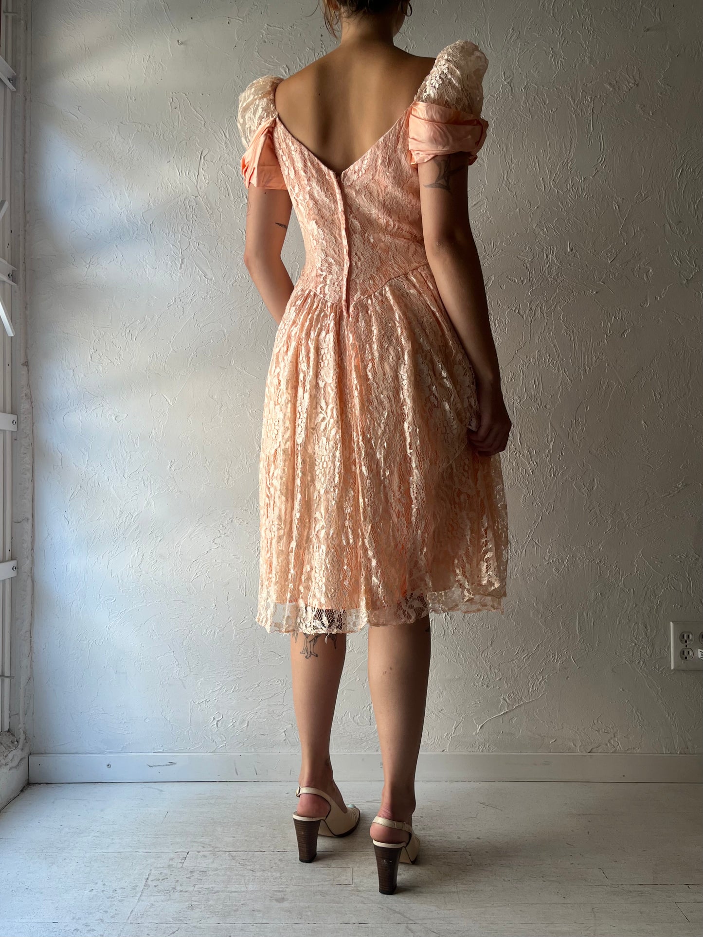80s 'Nu-Mode' Pink Retro Romanic Lace Formal Midi Dress / Medium